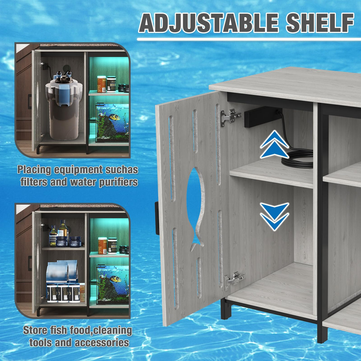 FFIQQ Fish Tank Stand 40-50 Gallon,Aquarium Stand With Power Outlets Cabinet Storage& LED Light,Support up to 800 lbs,Suitable for 2 Turtle Tank,Reptile Terrarium (Grey) FFIQQ