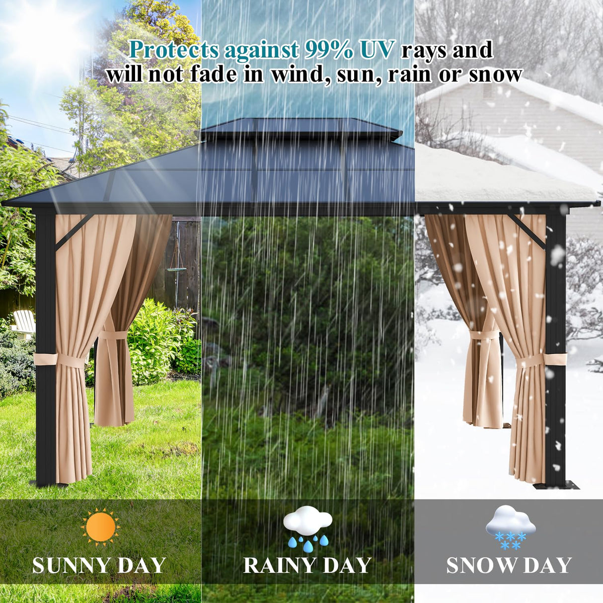 oneinmil 10x13FT Outdoor Polycarbonate Gazebo, Heavy Duty Double Roof Hardtop Gazebo with Aluminum Frame and Netting and Curtains for Patios oneinmil