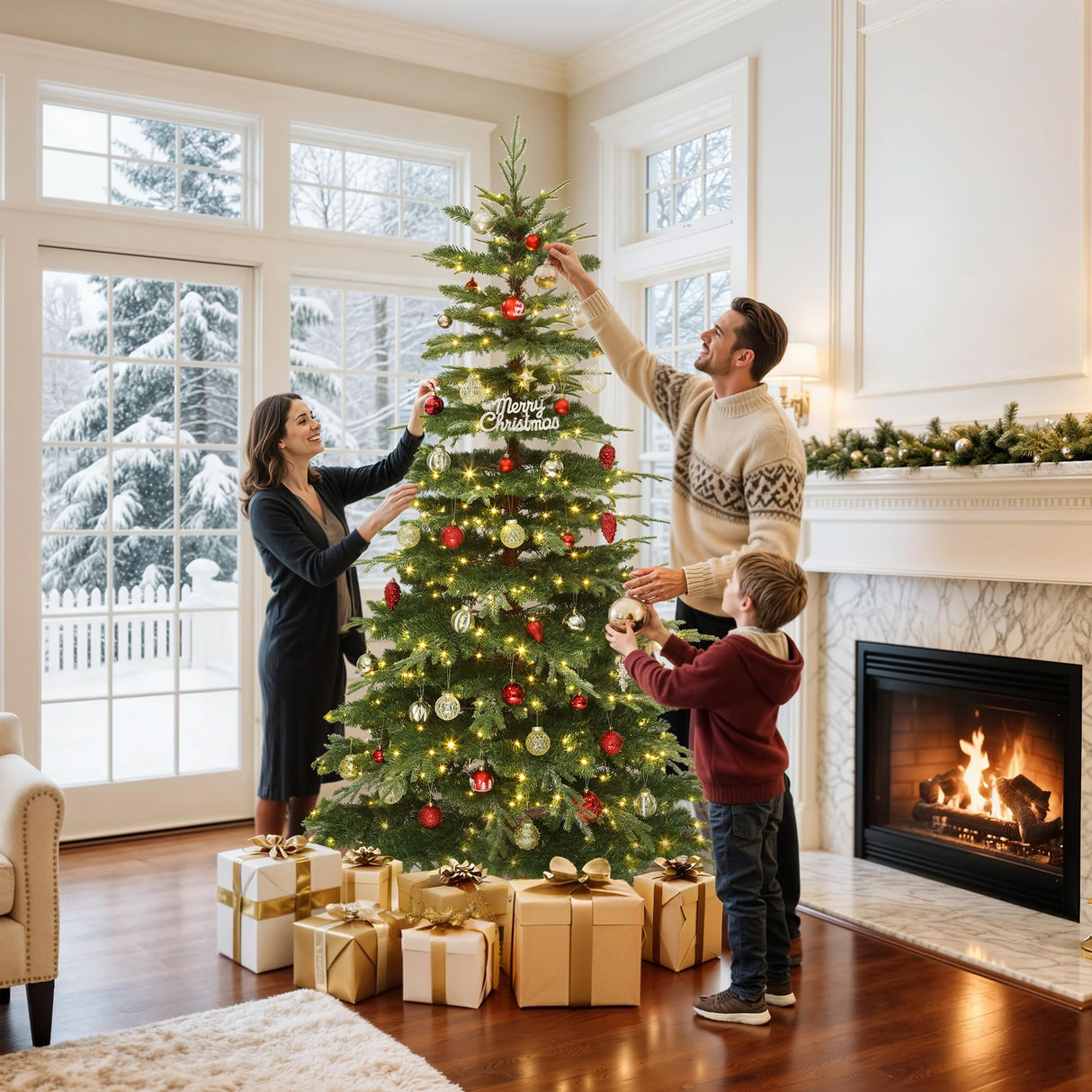 GOOBED Prelit Aspen Fir Realistic Christmas Tree 6.5ft with Remote Control, Pre-lit Hinged Xmas Tree with Glittering Diamond Tips, Holiday Decor for Holidays, Parties, Green GOOBED