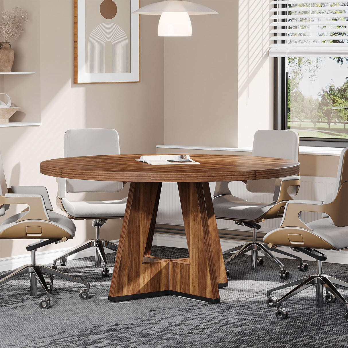 Tribesigns 47-Inch Round Conference Table for 4-6 People, Wooden Meeting Room Table with Thicken Tabletop and Wood Base (Walnut) Tribesigns