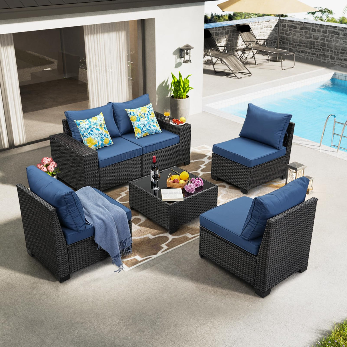 JOYURE 6 Pieces Patio Furniture Set All-Weather Outdoor Wicker Sectional Conversation Sofa Rattan Patio Seating Sofa with Cushion and Glass Table for Porch Poolside,Navy JOYURE