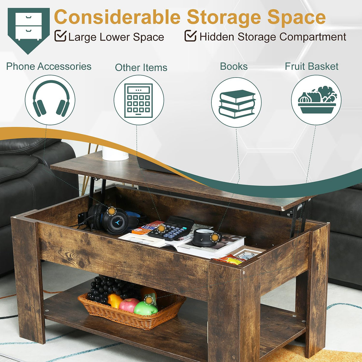 PayLessHere Coffee Table Lift Top Coffee Tables with Hidden Compartment and Storage Shelf Wooden Lift Tabletop Dining Table for Living Room Home (Brown, 39" D x 28" W x 24" H) PayLessHere