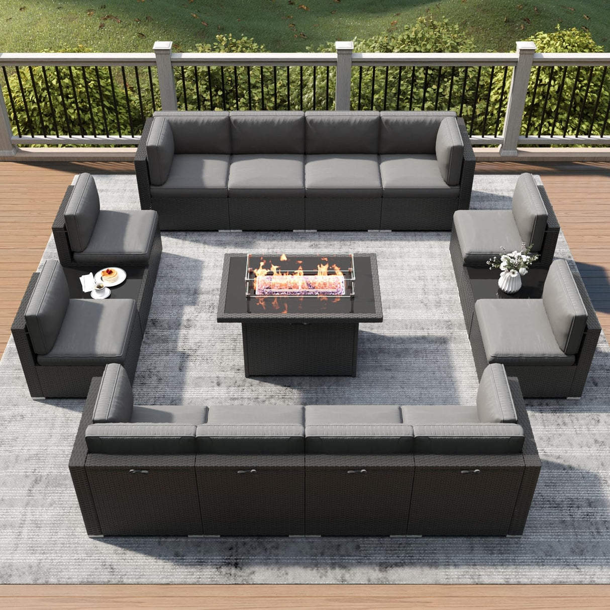 LayinSun 15 Piece Patio Furniture Set with Fire Pit Table, Outdoor Conversation Sets Wicker Rattan Sectional Sofa with Coffee Table LayinSun