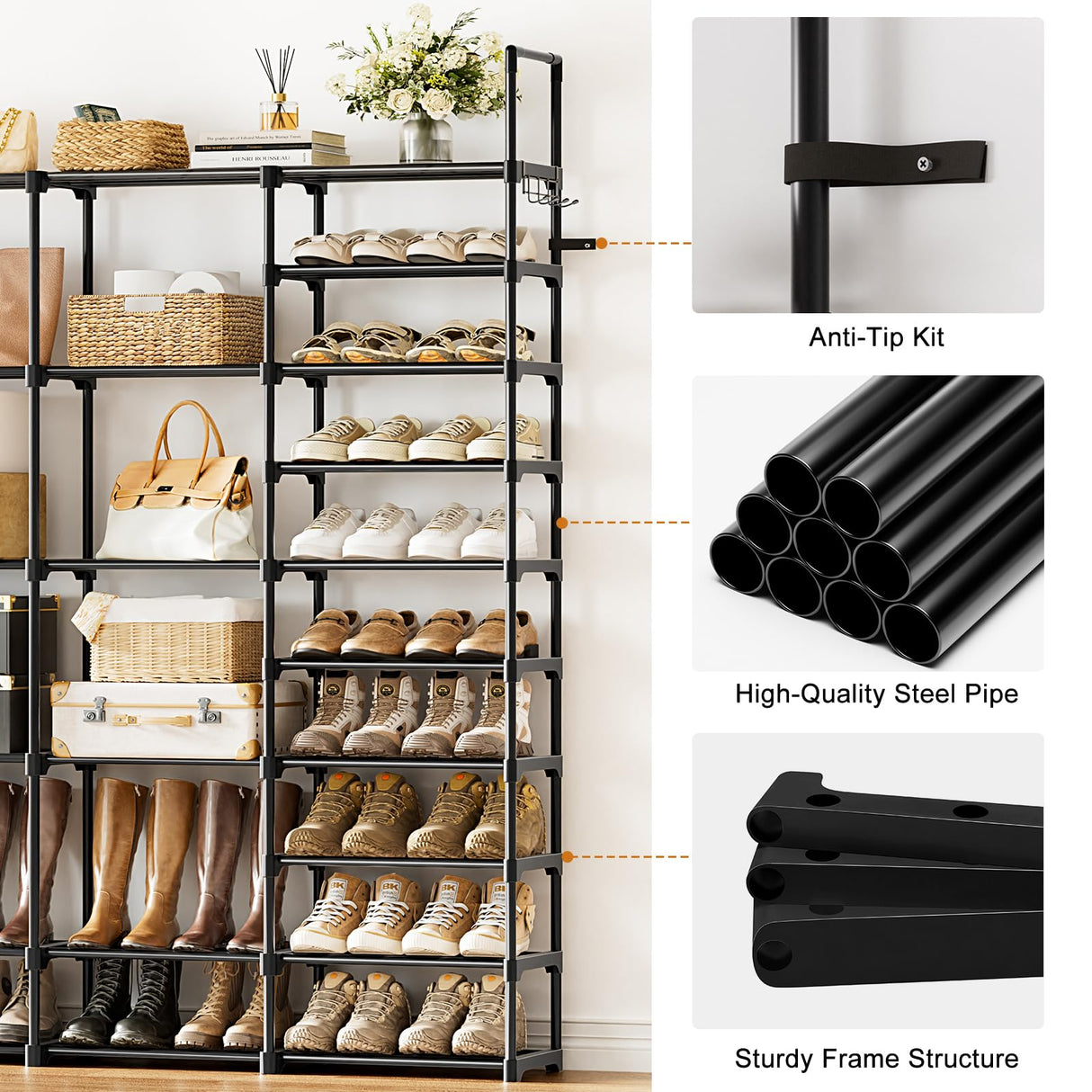 WOWLIVE 4 Row 10 Tiers Extra Large Shoe Rack 72-80 Pairs Big Tall Metal Shoe Shelf, Heavy Duty Organizer for Closet Entryway, Boot Rack Storage Stackable Stand for Garage Black WOWLIVE