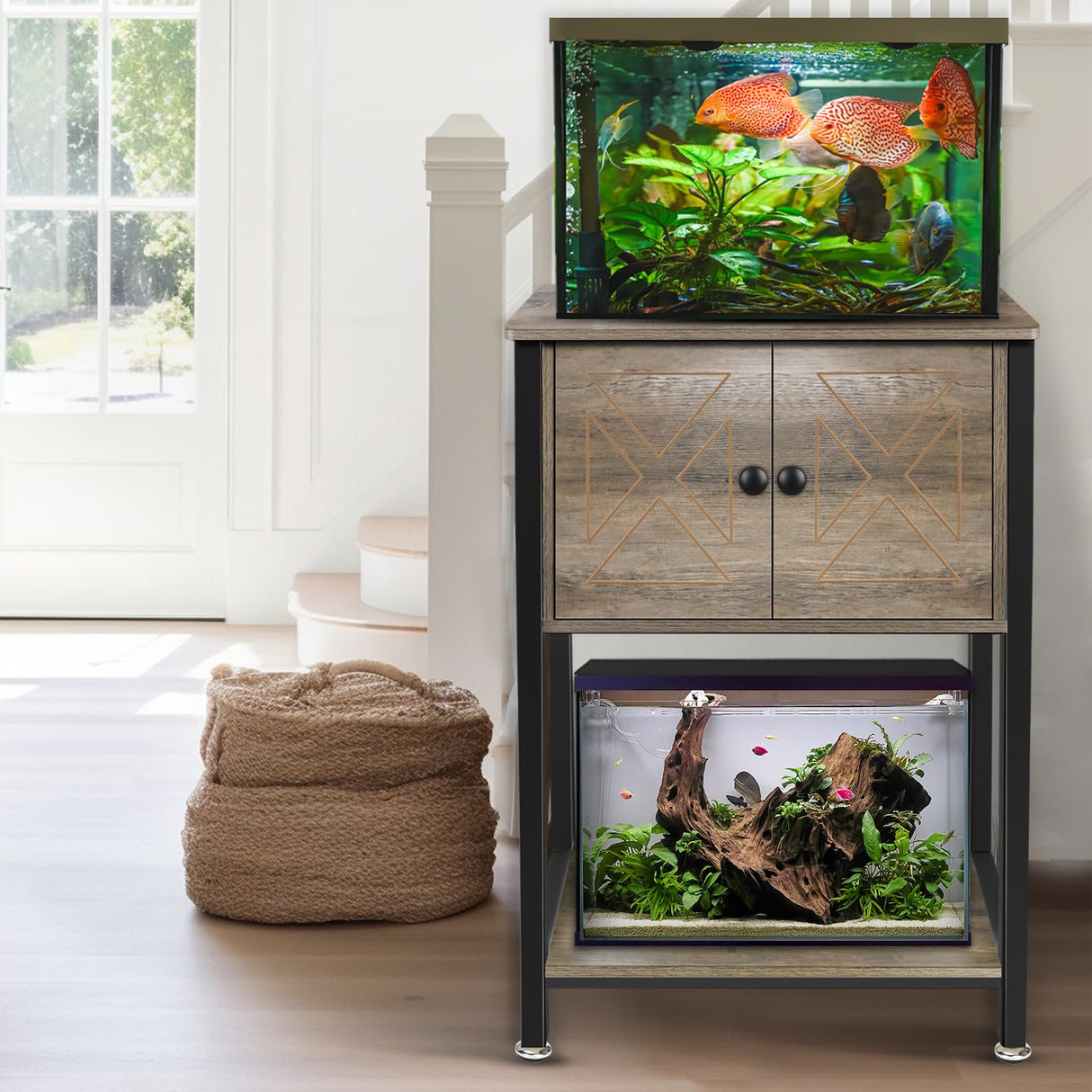 5-10 Gallon Fish Tank Stand, Heavy Duty Aquarium Stand with Cabinet & Power Outlets for Fish Tank Accessories Storage, Double Tank Stand 20.5" L* 11" W Tabletop, 220LBS Capacity, Grey BEURUKU