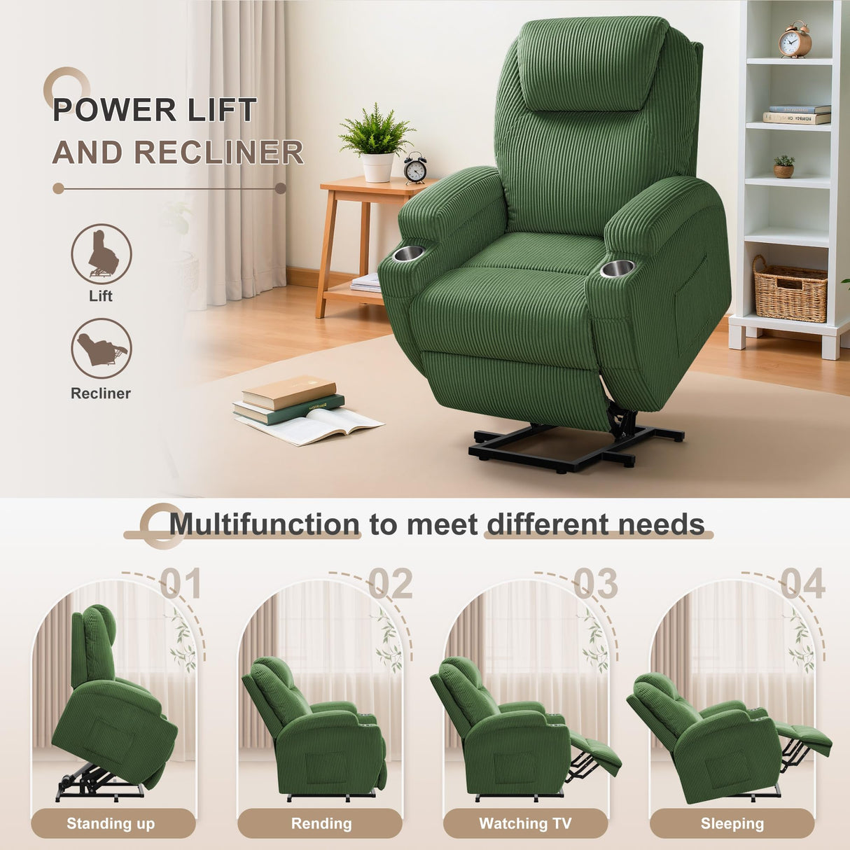Flamaker Power Lift Recliner Chair Electric Lift Recliner for Elderly Power Lift Recliner Chair with Cup Holders Side Pockets for Living Room (Corduroy, Green) Flamaker