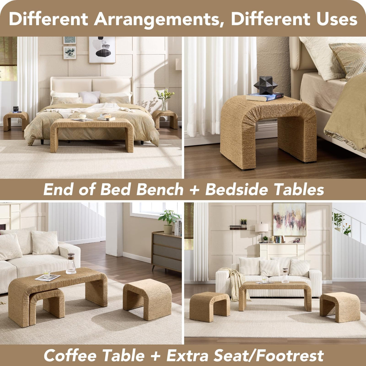 DM Furniture 3-Piece Nesting Woven Rope Coffee Table Set, 47" Modern Farmhouse Waterfall Wood Center Table with 2 Stools Underneath, Boho Coastal Living Room Accent Side End Table, Brown DM Furniture