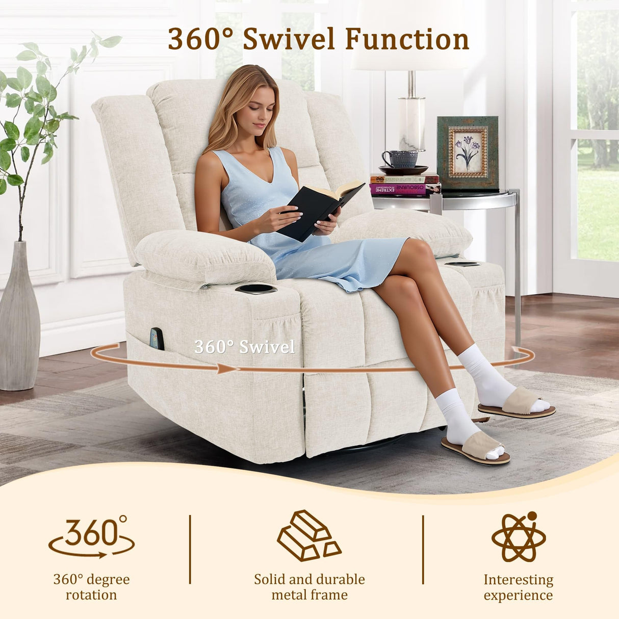 Korser 360° Swivel Rocker Recliner for Adults, Nursery Glider Recliner with Massage and Heating, Rocking Chair with Cup Holder, Manual Recliner Chair for Living Room, Bedroom (Fabric, Beige) Korser