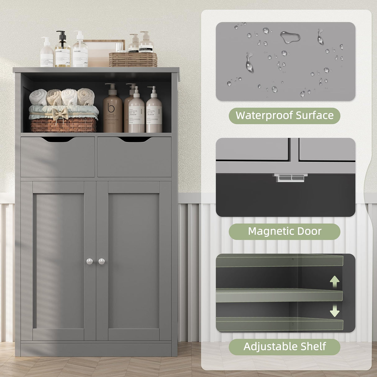 Shintenchi Floor Storage Cabinet, Bathroom Storage Organizer with Doors and Drawers, Freestanding Side Cupboard Pantry with Adjustable Shelf for Bathroom/Kitchen/Livingroom, Gray Shintenchi