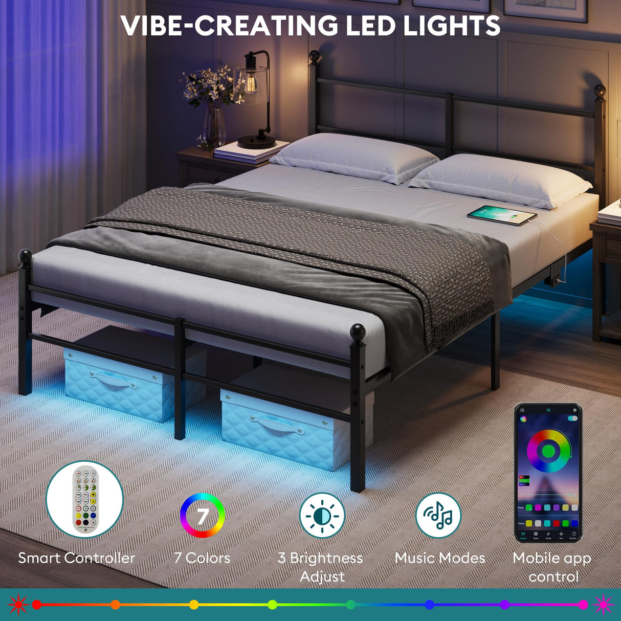 Queen Size Bed Frame with Headboard - Metal Platform Bed with LED Lights, Charging Station, Under Bed Storage and Heavy Duty Steel Slats Support - No Box Spring Needed, Easy Assembly, Black BedNZZZ