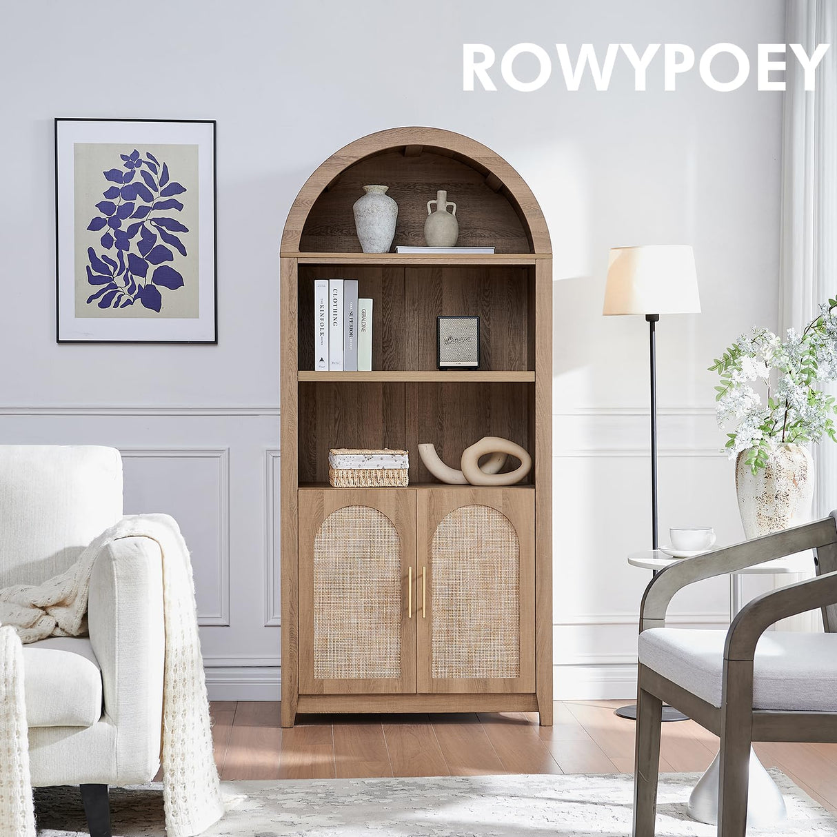 RowyPoey Rattan Arched Cabinet Bookshelf - 69.3” Tall Mid Century Display Cabinet, Rounded Bookcase with Rattan Doors, Open Shelf Storage for Dining Room (Caramel Oak, 1 PC) RowyPoey