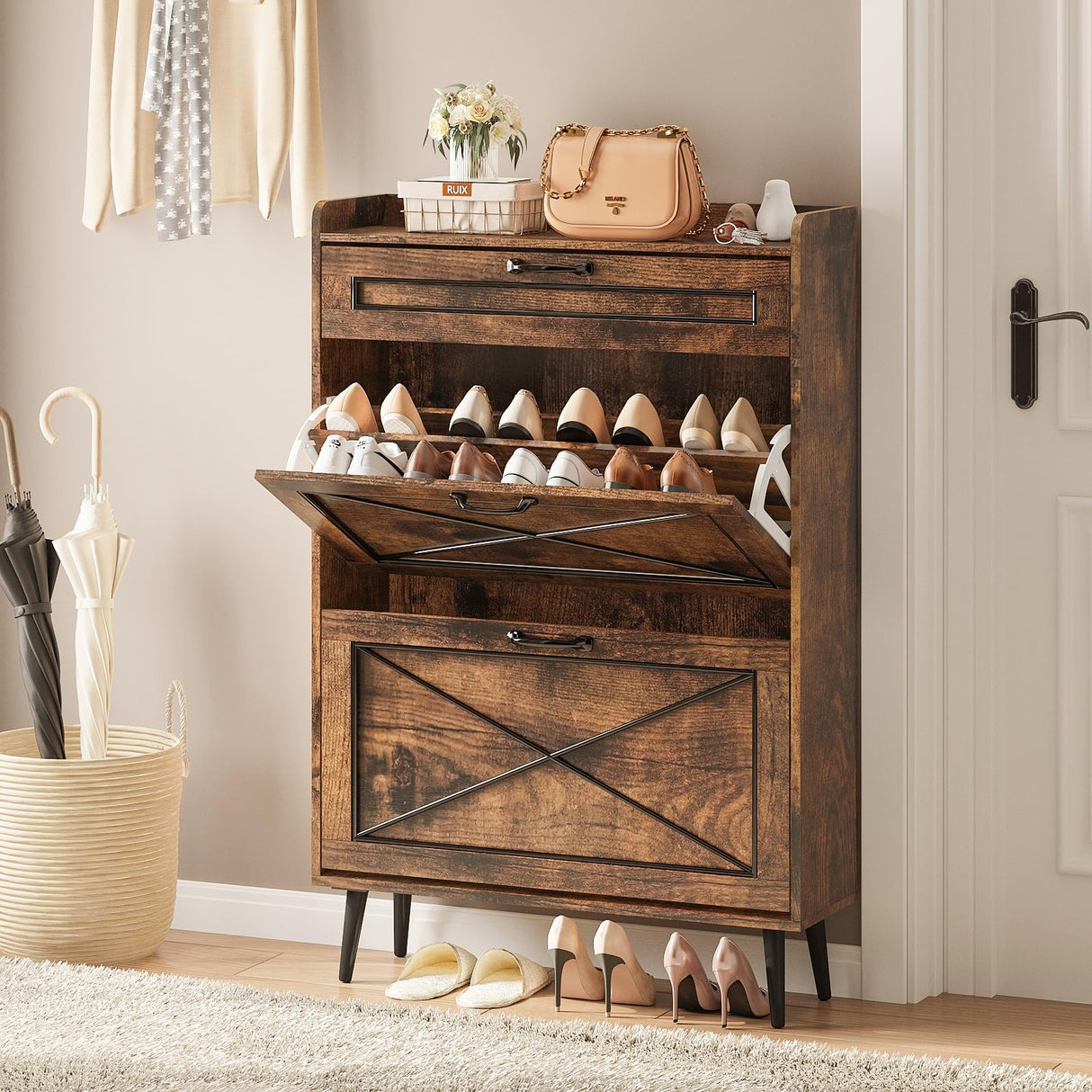 Maupvit Shoe Cabinet with 2 Flip Drawers,Hidden Shoe Storage Cabinet with 1 Pull Drawer for Entryway,Narrow Shoe Rack,Freestanding Slim Shoe Organizer Cabinet for Hallway,Brown Maupvit