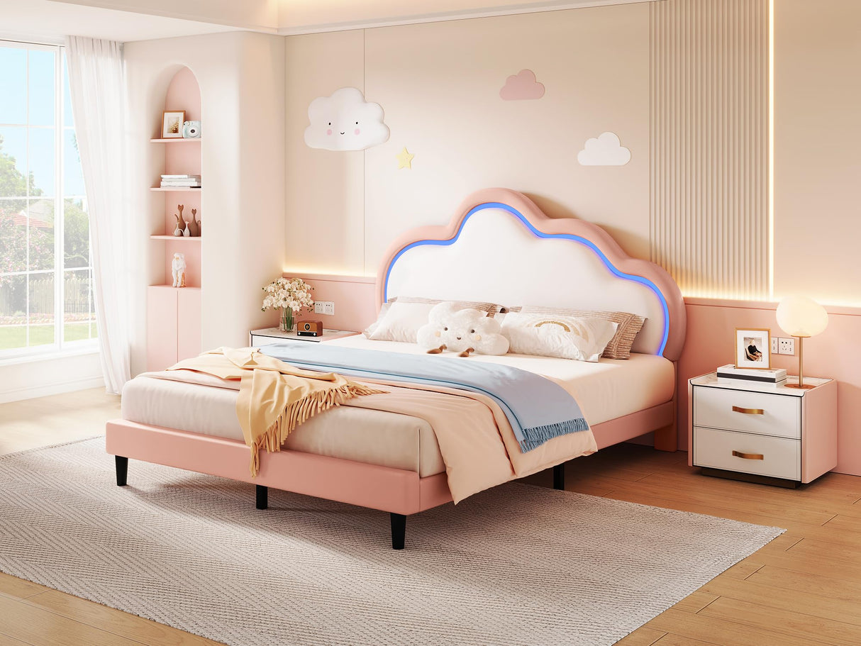 YITAHOME Full Size Bed Frame, LED Bed with PU Faux Leather Adjustable Cloud Headboard, Platform Upholstered Bed Frame with Wooden Slats Support, No Box Spring Needed, Easy Assembly, Pink YITAHOME
