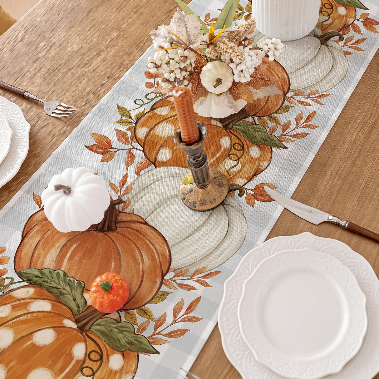 Romanstile Pumpkin Leaves Fall Table Runner, Buffalo Plaid Autumn Thanksgiving Harvest Farmhouse Style Table Decoration for Dining, Party, Holiday - 13x72 Inch, Grey Blue Romanstile