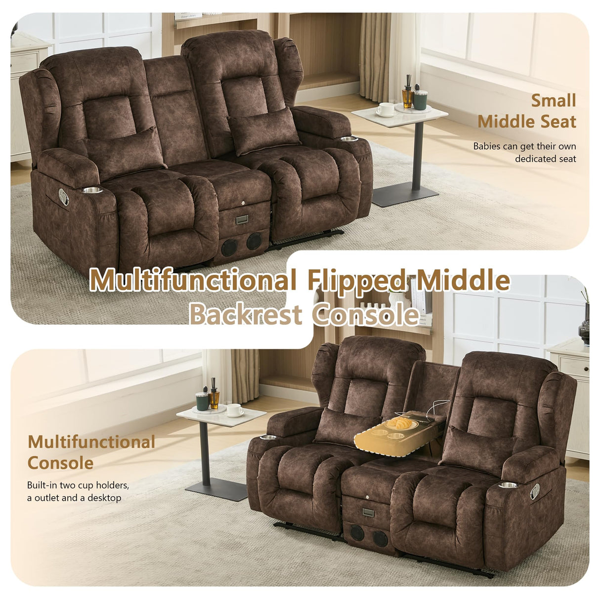 URRED Loveseat Rocker Recliner Sofa with Console, Manual Reclining Loveseat RV Couch Double Rocking Chair Nursery with Cup Holders, Side Pocket, Bluetooth Speaker, USB, Outlets (Brown) URRED