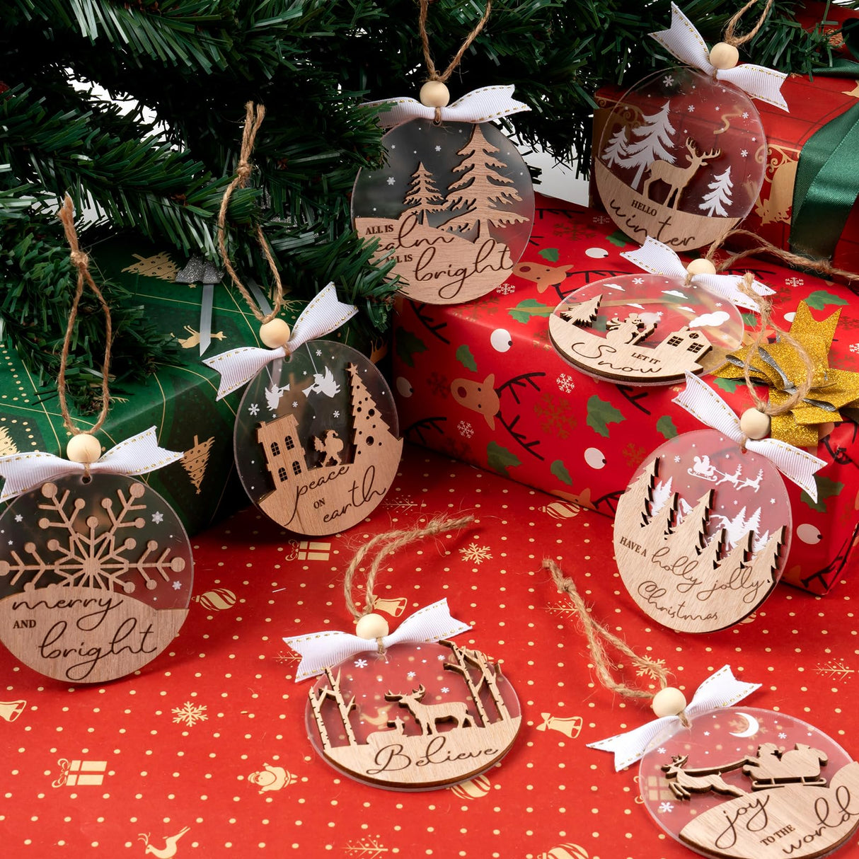 GuassLee 16pcs Winter Christmas Hanging Ornaments for Tree - 3D Wooden Acrylic Christmas Cutouts Reindeer Snowman Snowflake Ornaments for Christmas Tree Gifts Winter Party Supplies GuassLee