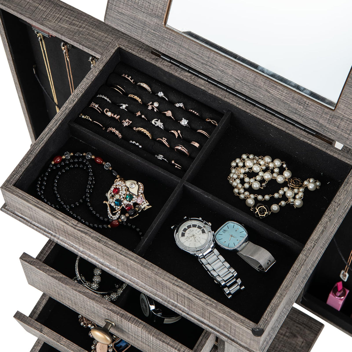 CHARMAID Jewelry Cabinet Armoire with 5 Drawers, Jewelry Box Organizer with Top Flip Mirror, Side Swing Doors, Necklace Hooks Top Storage Organizer, Standing Jewelry Armoire Chest CHARMAID