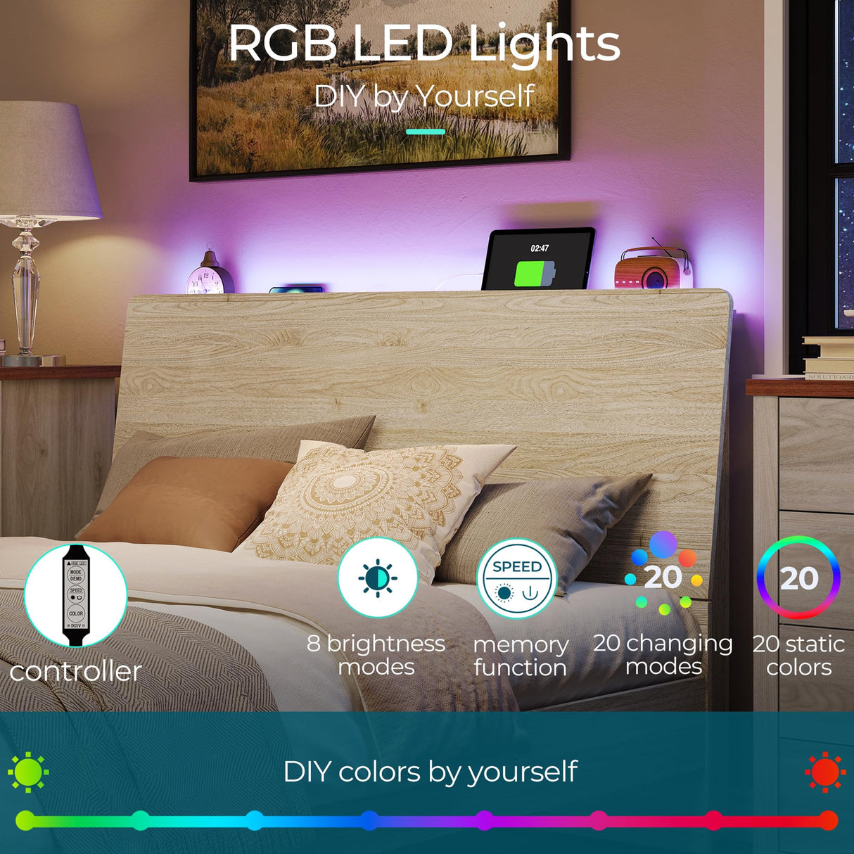 LINSY Wood Bed Frame, Queen Bed Frame with Headboard LED, Wooden Platform Frames with Charging Station, No Box Spring Needed, Easy Assembly, Natural Wood LINSY