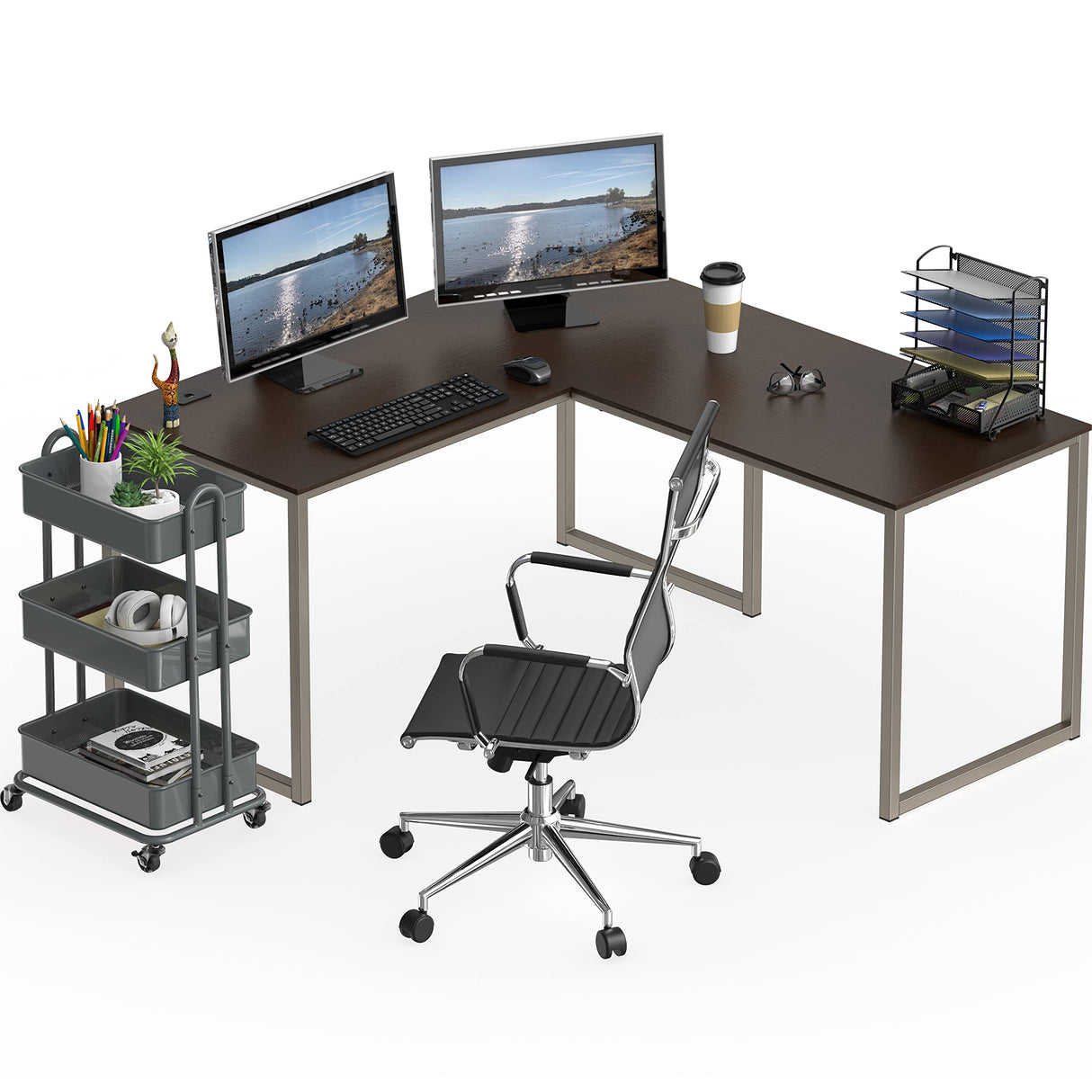 SHW Home Office 55 Inch Large L Shaped Corner Desk, 24" Deep, Espresso SHW