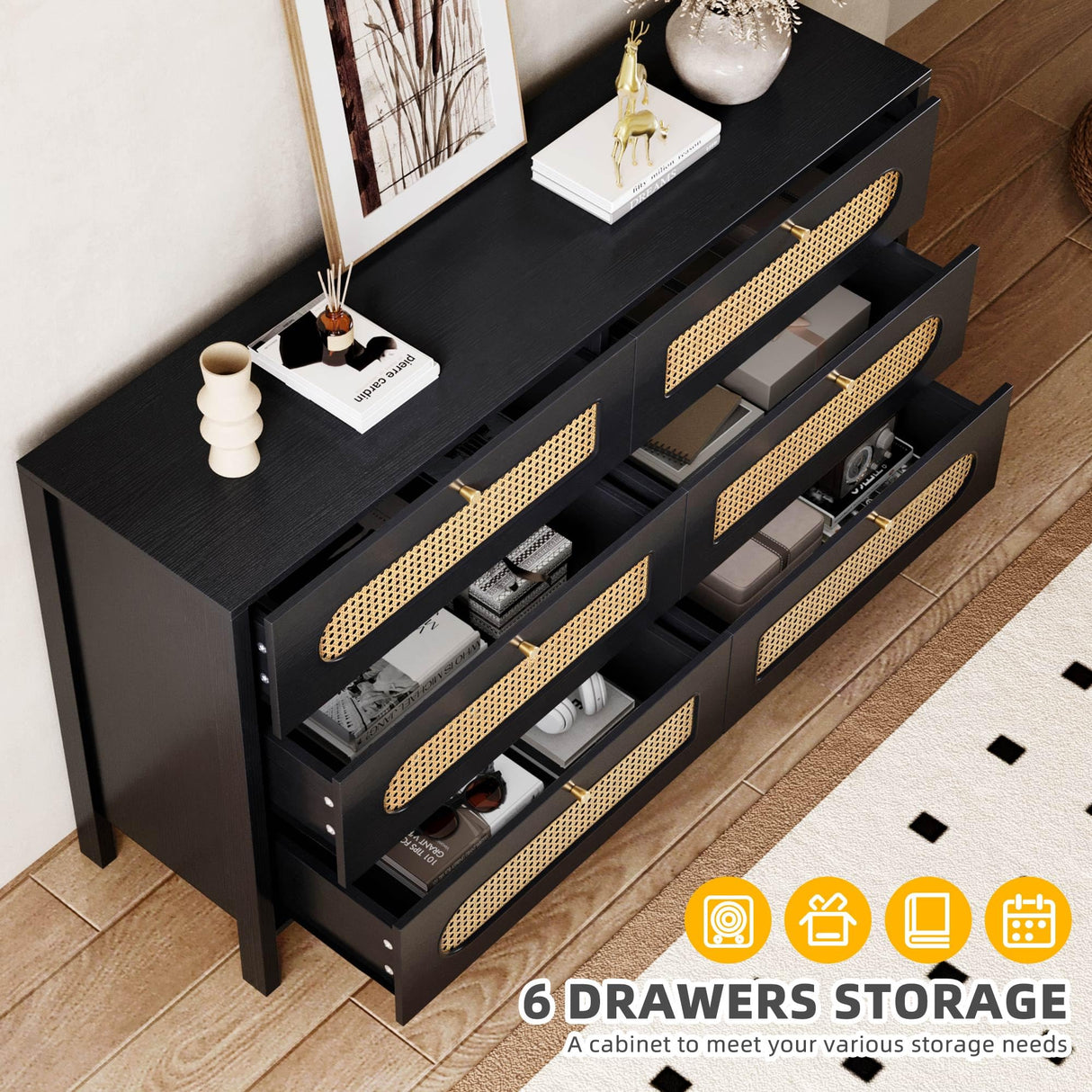 DWVO Natural Rattan 6 Drawer Dresser-Wooden Black Boho Double Dresser Chest of Drawers with Golden Handles-Modern Large Closet Dressers Storage Cabinet for Living Room/Hallway/Entryway DWVO