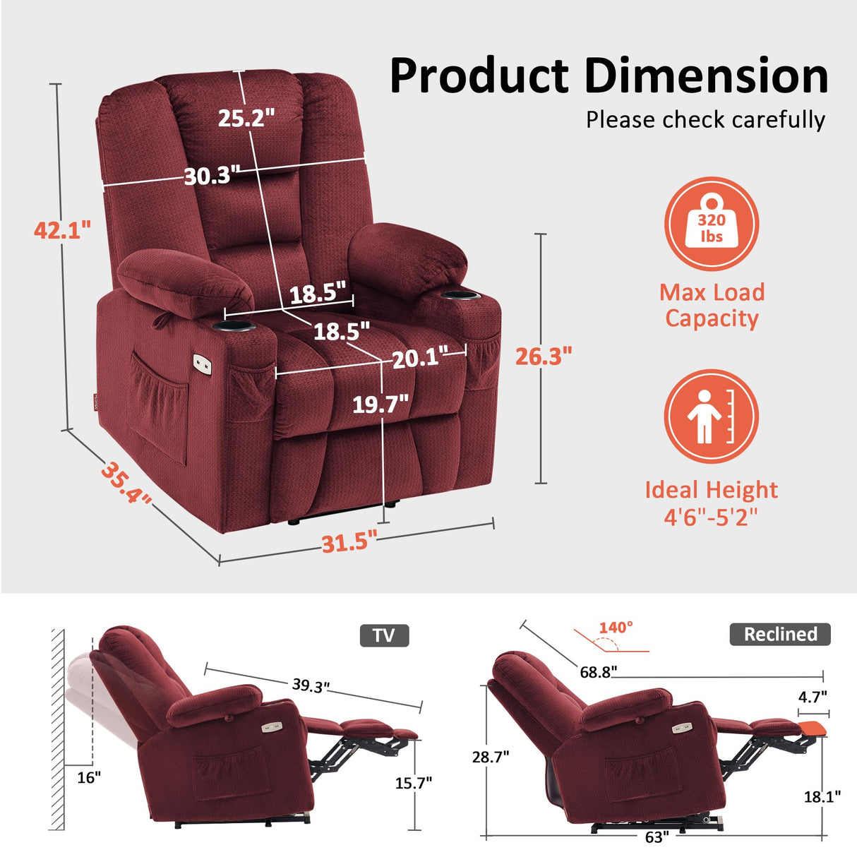 MCombo Small Power Lift Recliner Chair with Massage and Heat for Petite People, Cup Holders, USB Ports, Side Pockets, Fabric 7569 (Small-Regular, Burgundy) MCombo