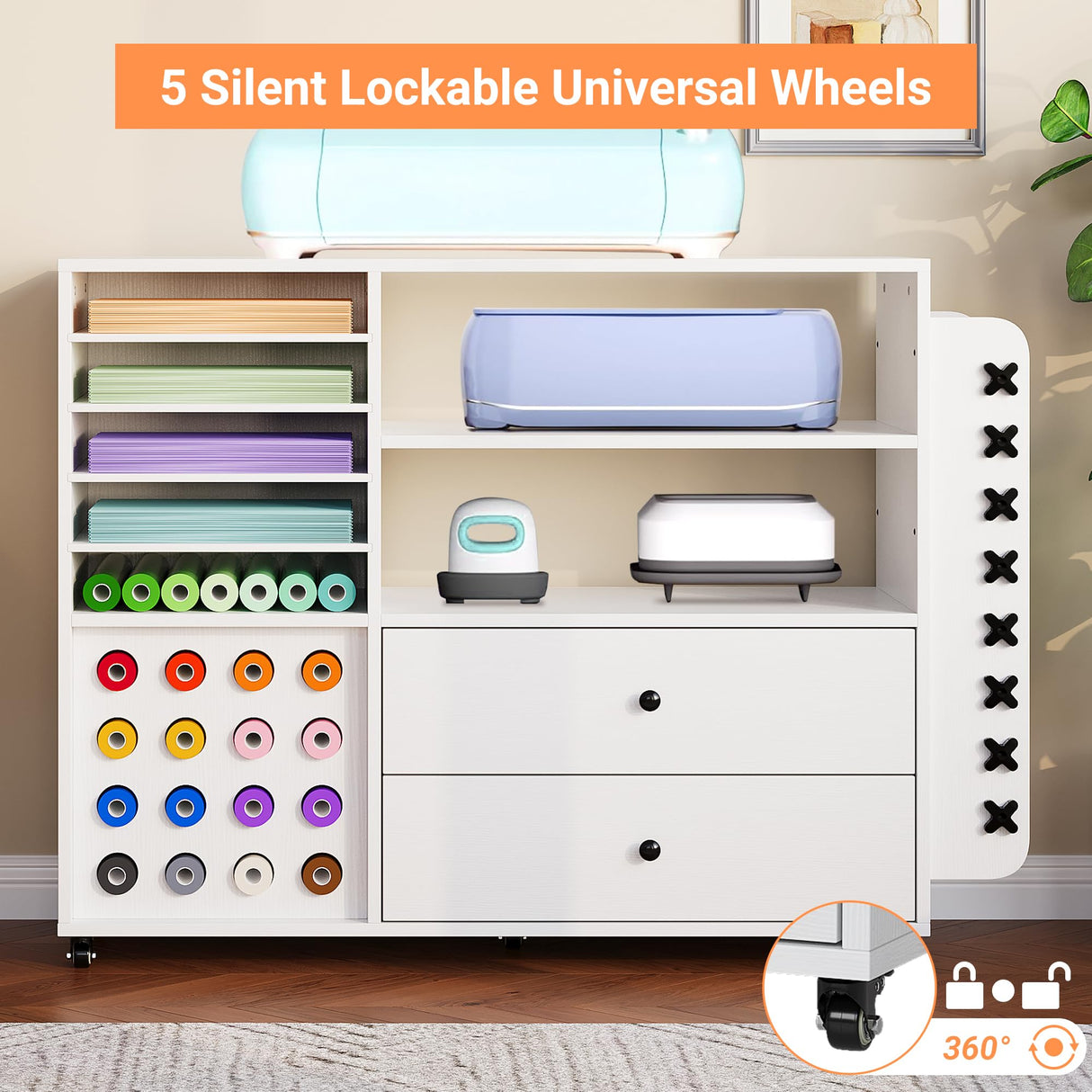 Craft Cart for Cricut Storage Organization, 42'' Rolling Craft Cabinet with 24 Vinyl Roll Holder and 2 Large Drawers Compatible with Cricut Machine White IDEALHOUSE