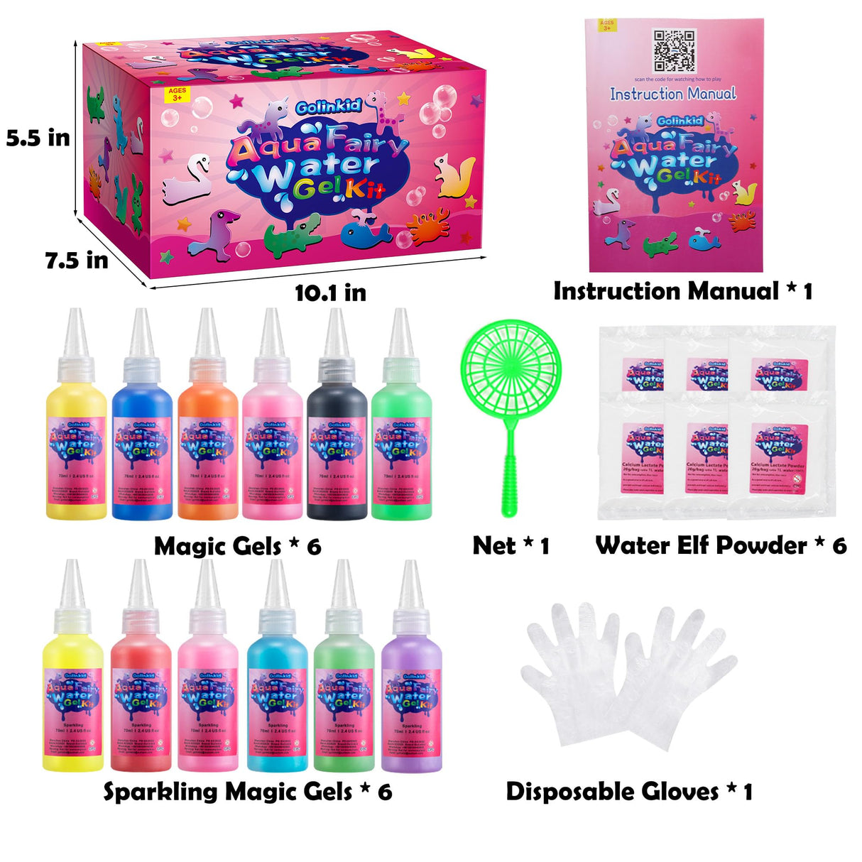 Golinkid Magic Water Elf Toy Kit,12 Bottles 18 Molds 70ML Aqua Fairy Water Gel Kit for Kids with Sparkling Magic Gel, Crate Your Own Magic Water Elf Aqua Fairy Water Pets Craft Kits for Kids Golinkid