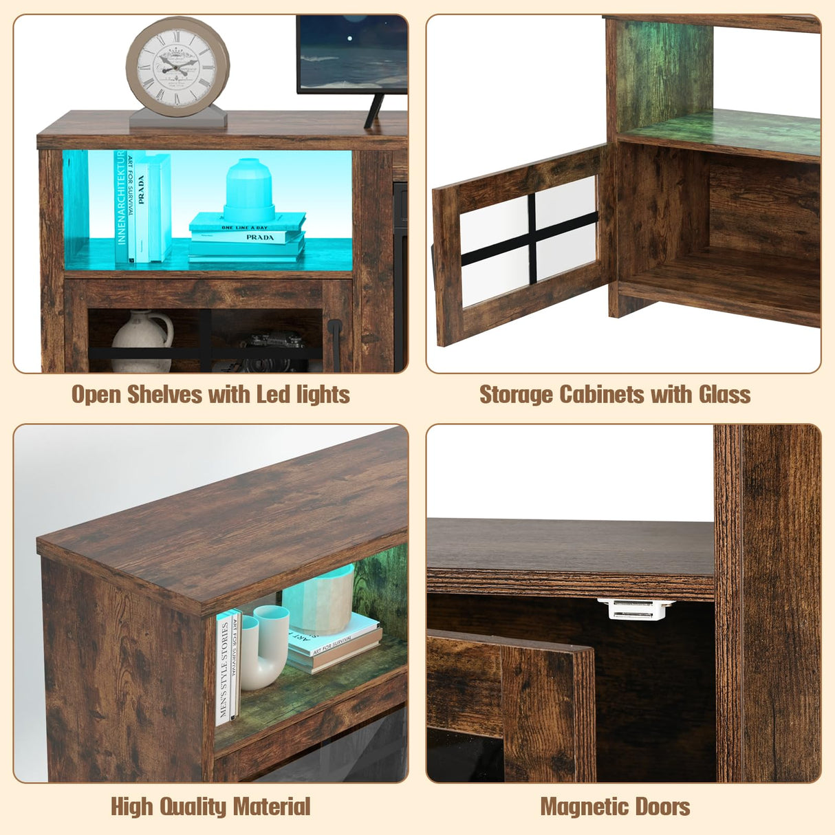 Livofloral Fireplace TV Stand for 75 Inch TV with LED Lights, Entertainment Center with 23” Electric Fireplace, LED TV Console Table with Open Storage Shelves & Cabinets for Living Room, Brown Livofloral