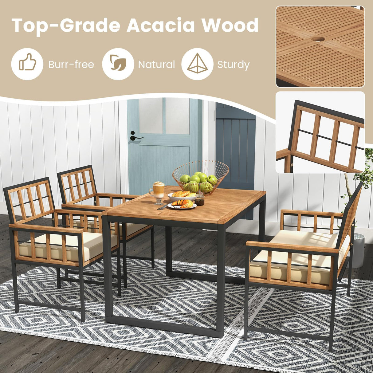 Tangkula 4 Piece Patio Dining Set, Outdoor Wood Dining Furniture W/ 2 Chairs & 1 Loveseat, 47” Acacia Wood Table W/Umbrella Hole, Cozy Seat Cushions, Outside Furniture Set for Backyard, Poolside Tangkula