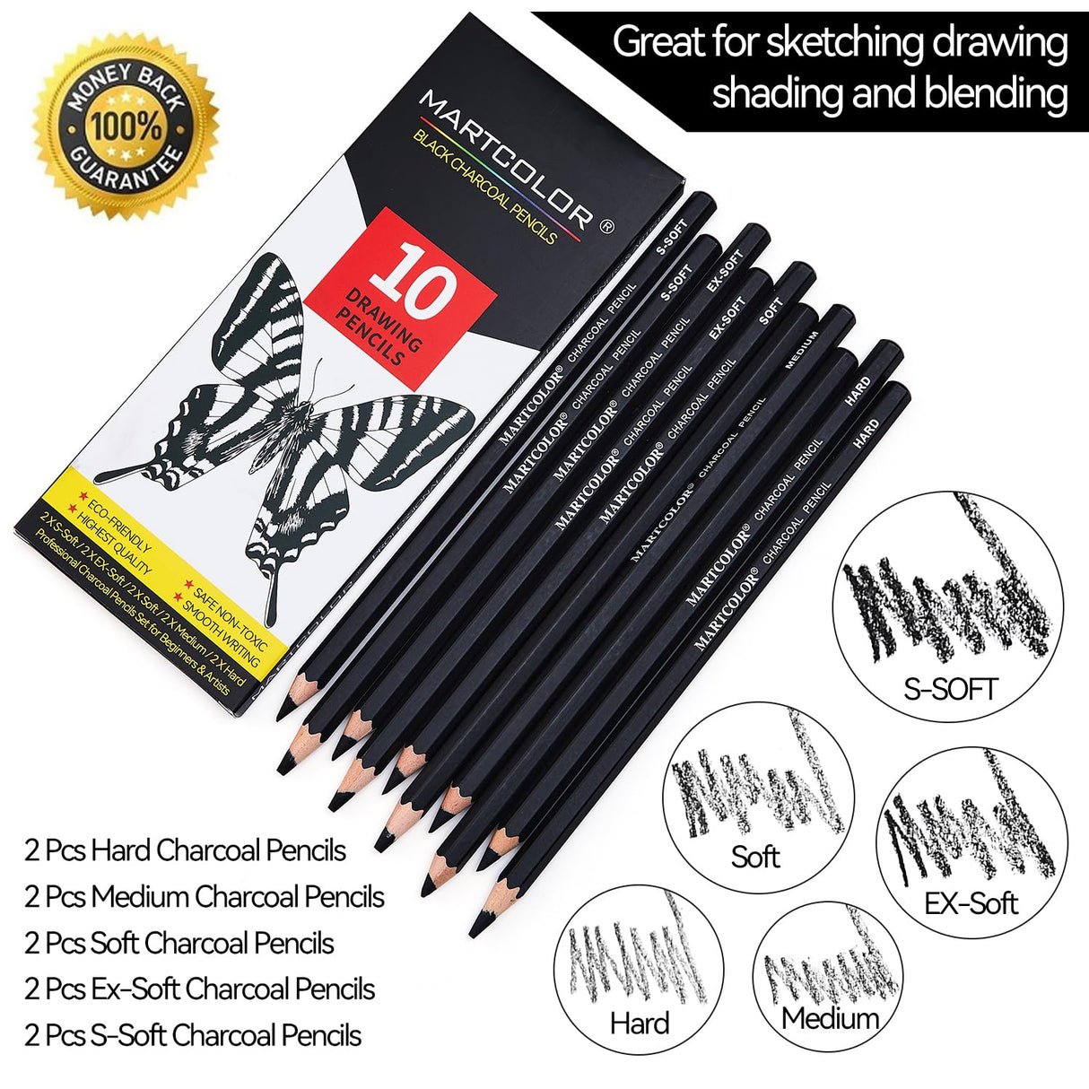 MARTCOLOR Charcoal Pencils for Drawing, 10 Pieces (S-Soft, Ex-Soft, Soft, Medium, & Hard) Black Charcoal Pencils for Sketching, Shading, Blending MARTCOLOR