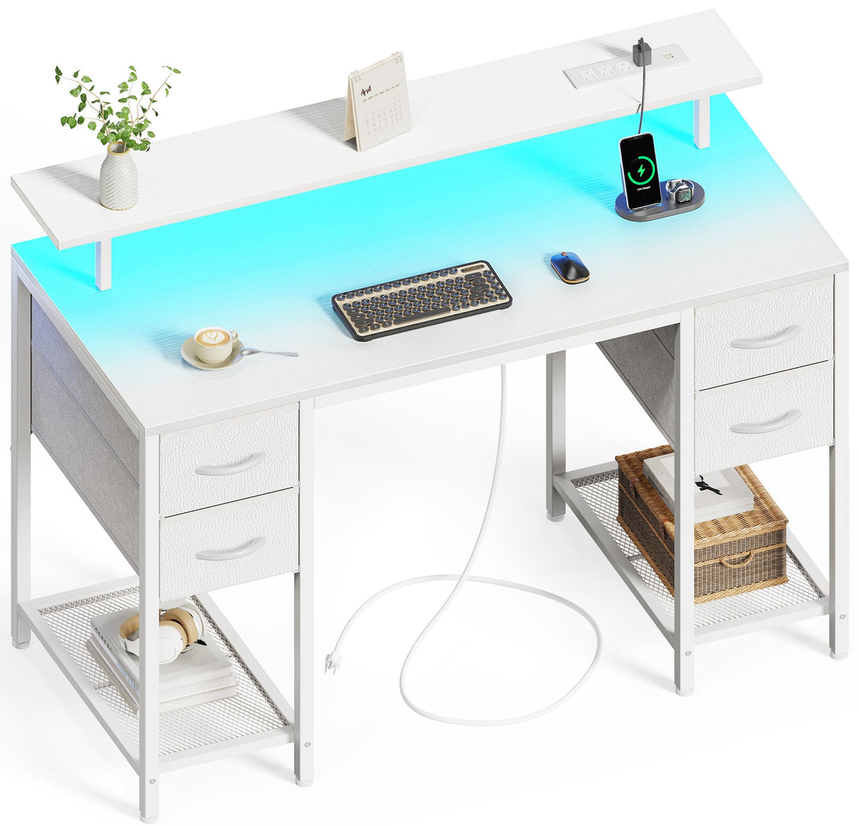 Huuger 47 inch Computer Desk with 4 Drawers, Gaming Desk with LED Lights & Power Outlets, Home Office Desk with Large Storage Space for Bedroom, Work from Home, White Huuger