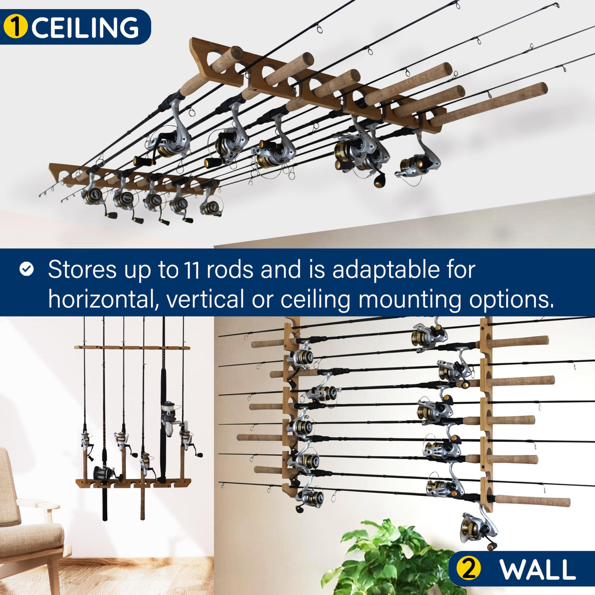 Rush Creek Creations 11-Rod Wall or Ceiling Fishing Rod Storage Rack, Vertical or Horizontal Garage Fishing Rod Holder with 11 Rod Capacity, Light Wood Grain Rush Creek Creations