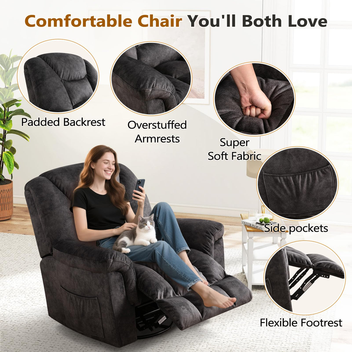 ANJ Rocking Recliner Chair Oversized Swivel Rocker Recliners, Comfy Glider Rocking Chairs for Big Man, Extra Wide Recliners Overstuffed Reclining Chair for Living Room, Grey ANJ