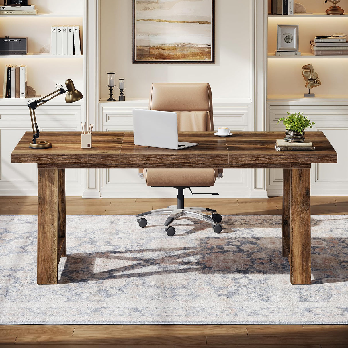 Tribesigns 63-Inch Executive Desk, Large Office Computer Desk with X-Shaped Legs, Modern Simple Workstation Study Writing Conference Table for Home Office, Rustic Brown Tribesigns