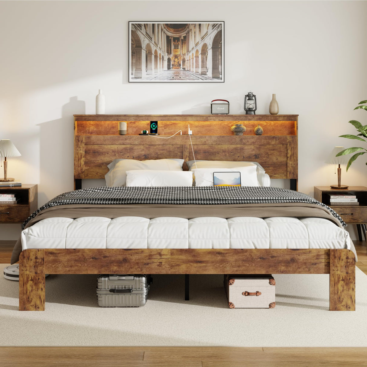 PAUKIN King Size Wooden Bed Frame with Headboard, Rustic Farmhouse Wooden Bedframe with LED Lights and Charging Station, Easy Assembly, No Box Spring Needed (Rustic Brown, King) PAUKIN