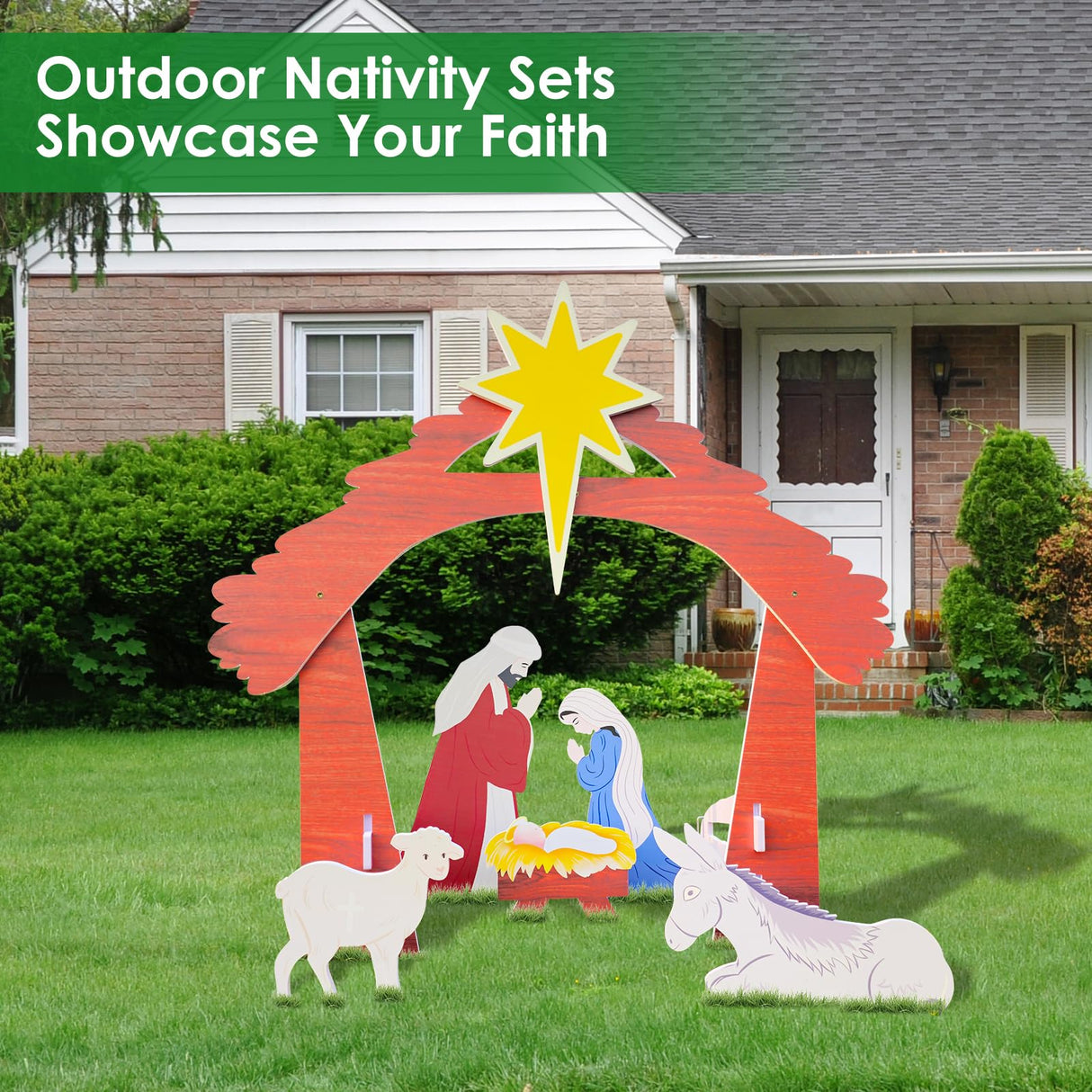 Outdoor Nativity Set for Outdoor Christmas Decorations, 45in Weather Resistant PVC Nativity Set, Large Holy Family with The Sheep and Donkey for Front Yard and Lawn Christolab