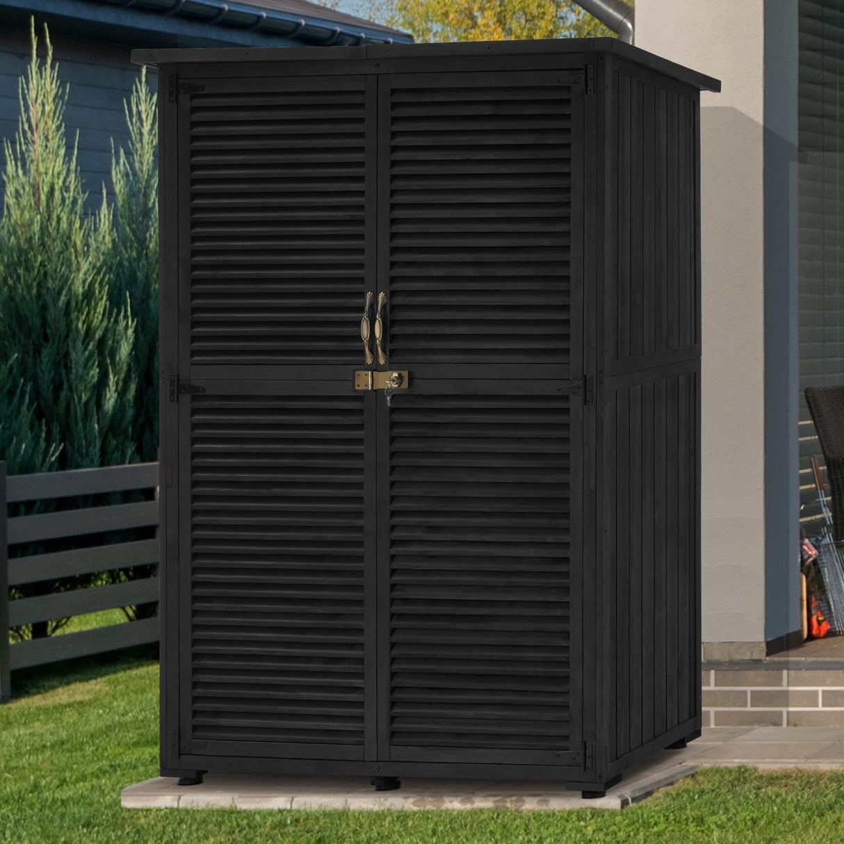 MCombo Outdoor Storage Cabinet, Wooden Storage Shed with Latch, Outside Garden Tool Shed with 2 Doors for Patio Yard Lawn, 1900 (Black, Large) MCombo