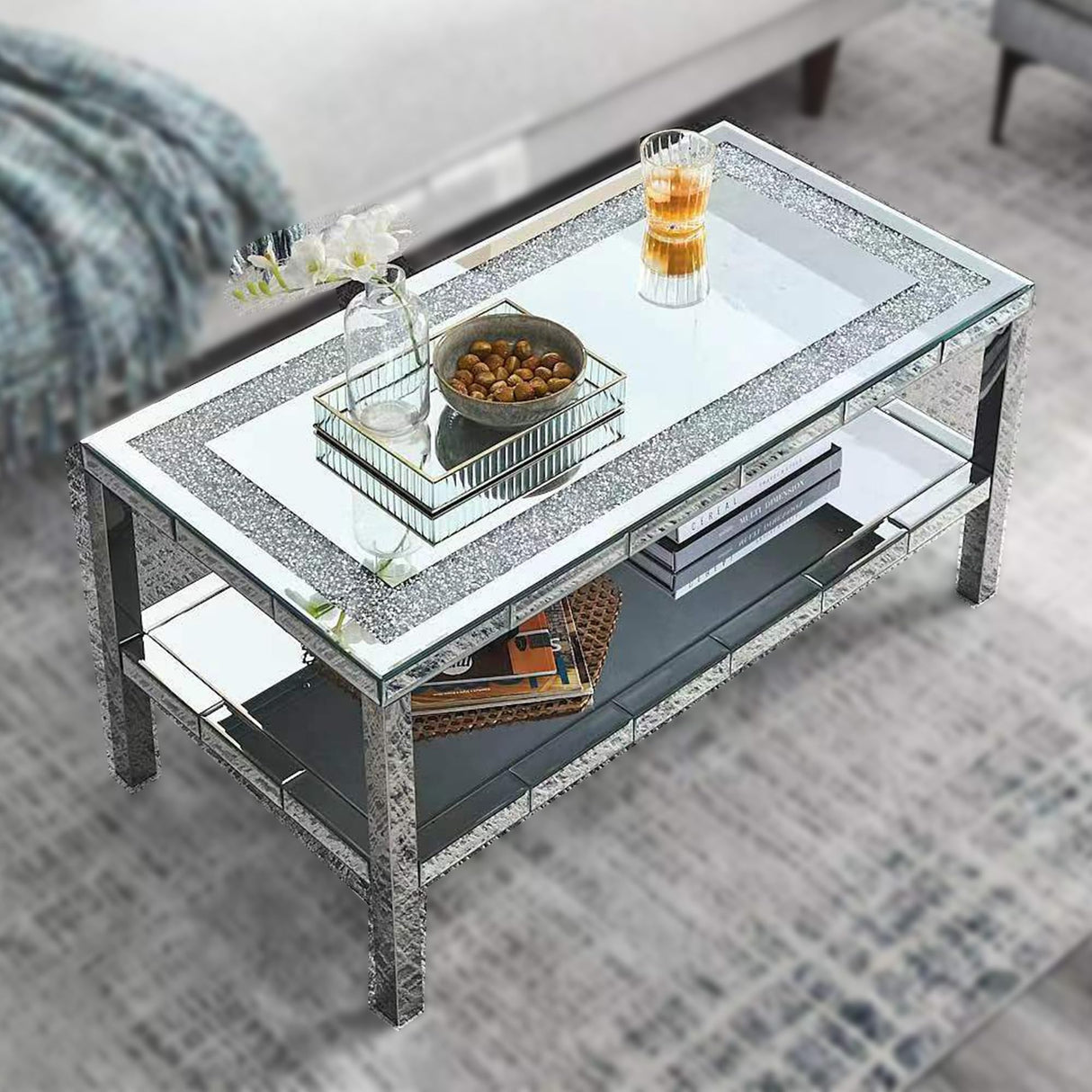 Olodumare Elegant 2 Tiers of Shiny Silver Mirrored Coffee Table, Crystals Inlay,and Stainless Steel Frame,Modern Rectangle Cocktail Table/End Table for Living Room and Kitchen, 35 Inches Olodumare