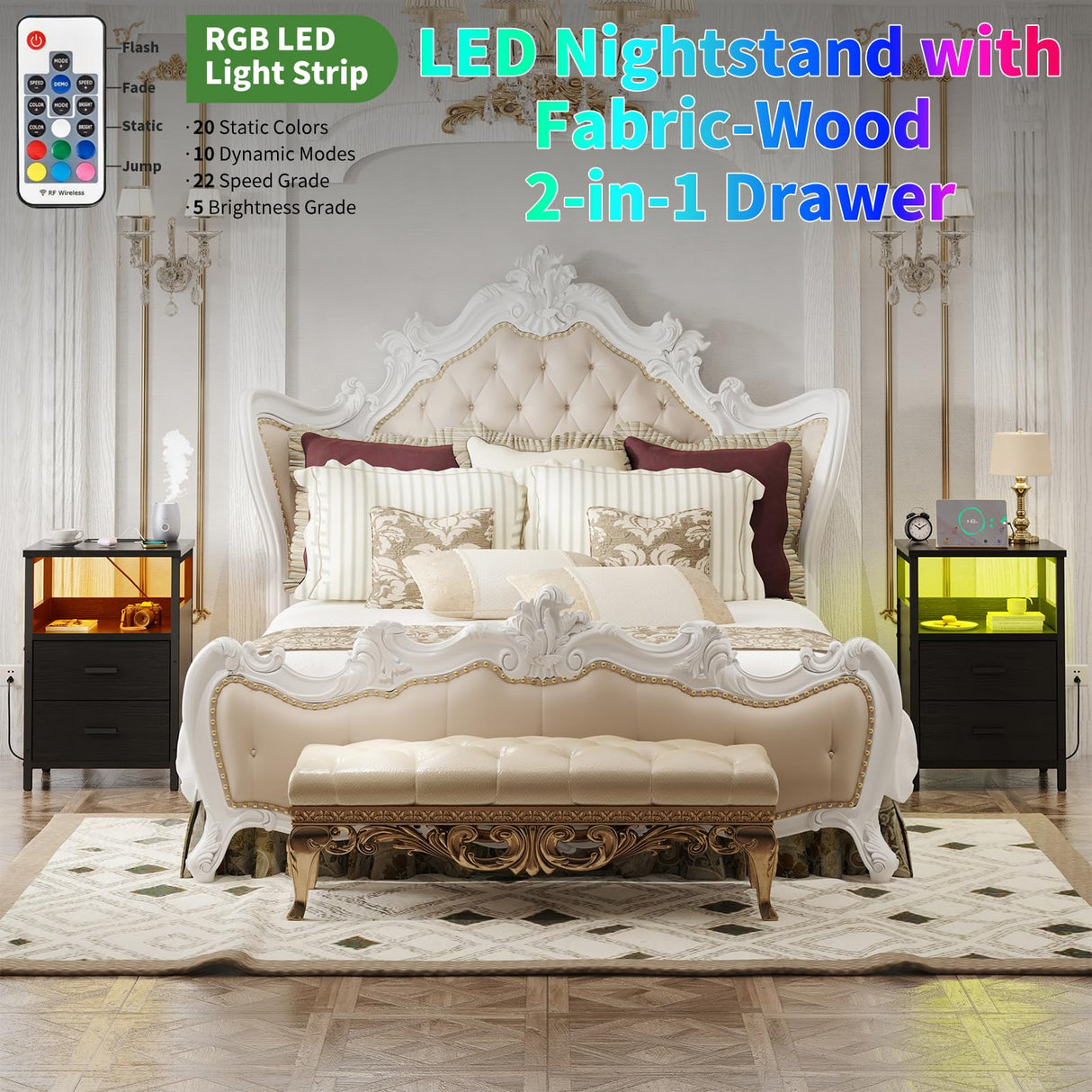 KHLJJU LED Nightstand with Charging Station, Side Table with USB Ports and Outlets, End Table for Small Spaces, Black Bedside Tables for Bedroom, Living Room, Office KHLJJU