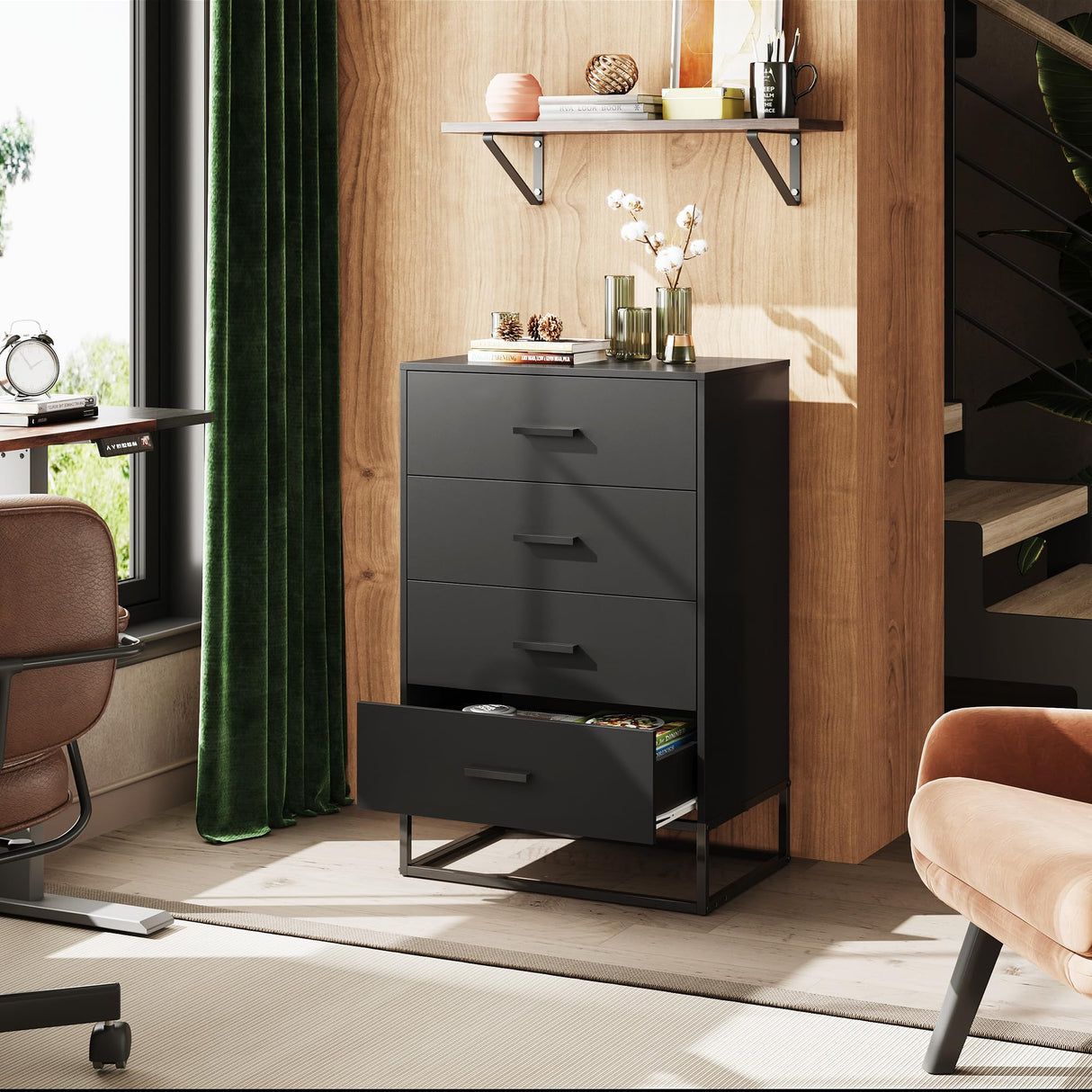 WLIVE Wood Dresser for Bedroom with 4 Drawers, Nightstand, Chest of Drawers, Tall Dresser Drawers with Sturdy Metal Frame for Hallway, Living Room, Closet, Black WLIVE