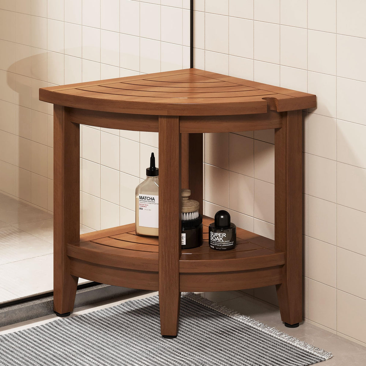 Jekruiet Teak Shower Bench for Corner, 18 inch Shower Chair Stool for Shaving Legs with Storage Shelf,Waterproof Bathroom Bench Seat for Elderly and Disabled Indoor Use Jekruiet