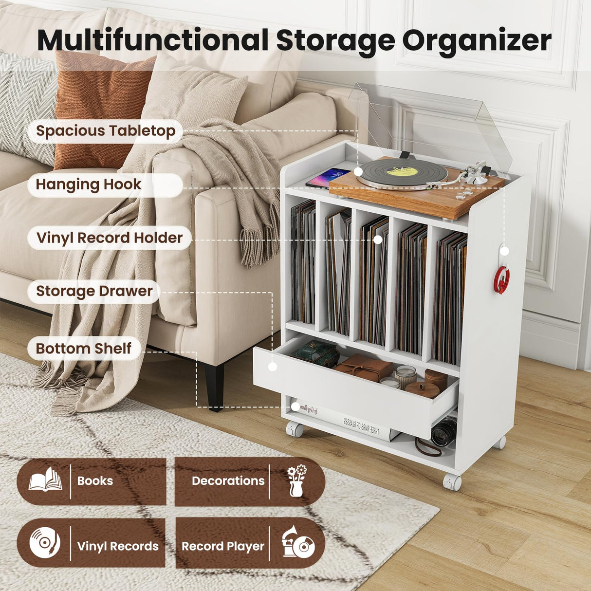 Giantex Record Player Stand, Rolling Turntable Stand with Drawer, Hook & Lockable Wheels, Vinyl Record Display Shelf Holds Up to 180 Albums, for Living Room Bedroom (White) Giantex