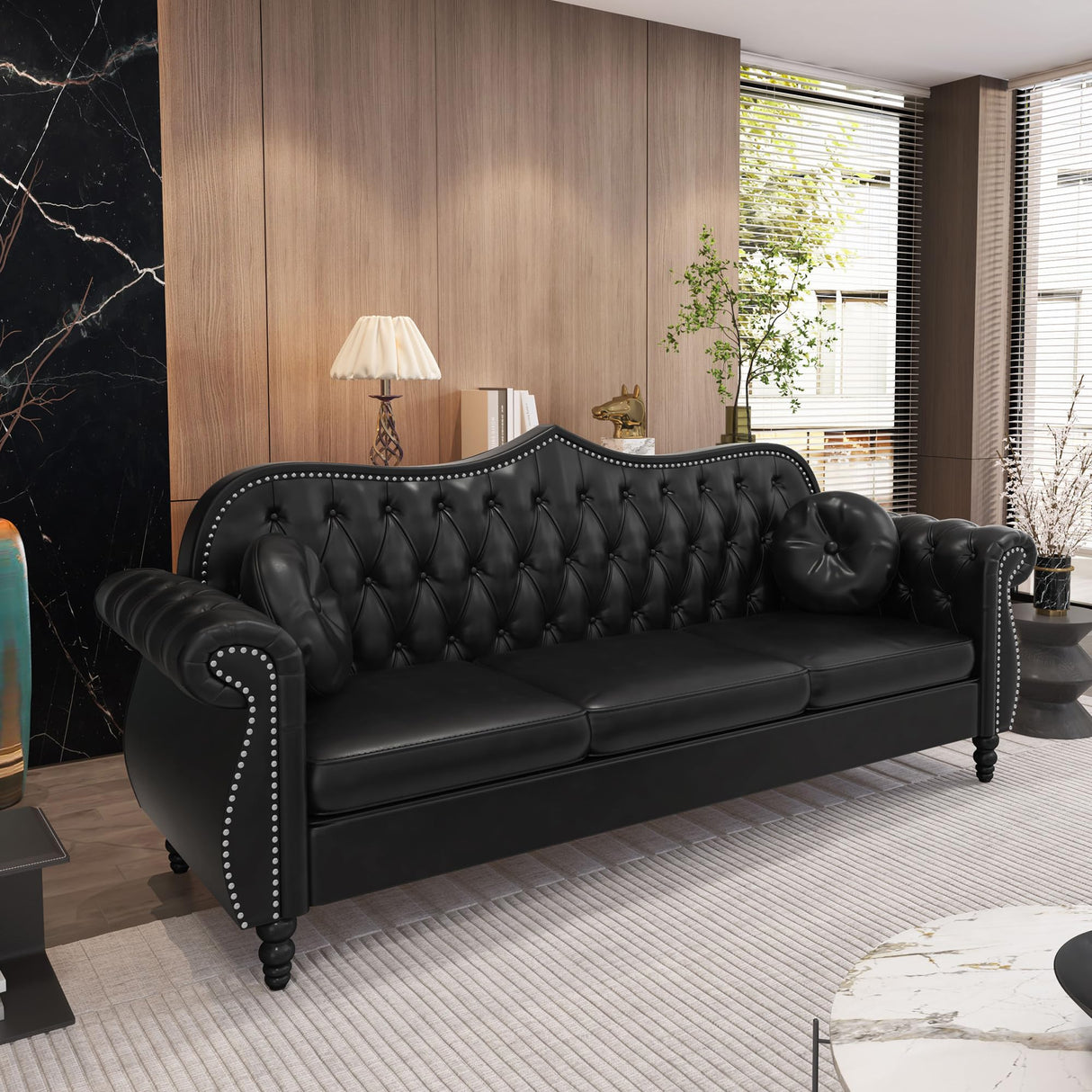 RUSTYER Chesterfield Three Seater Sofa, Mid-Century Modern Faux Leather 3-Seater Upholstered Couch, Tufted Living Room Sofa with 2 Pillows and Button Nailhead, Black RUSTYER