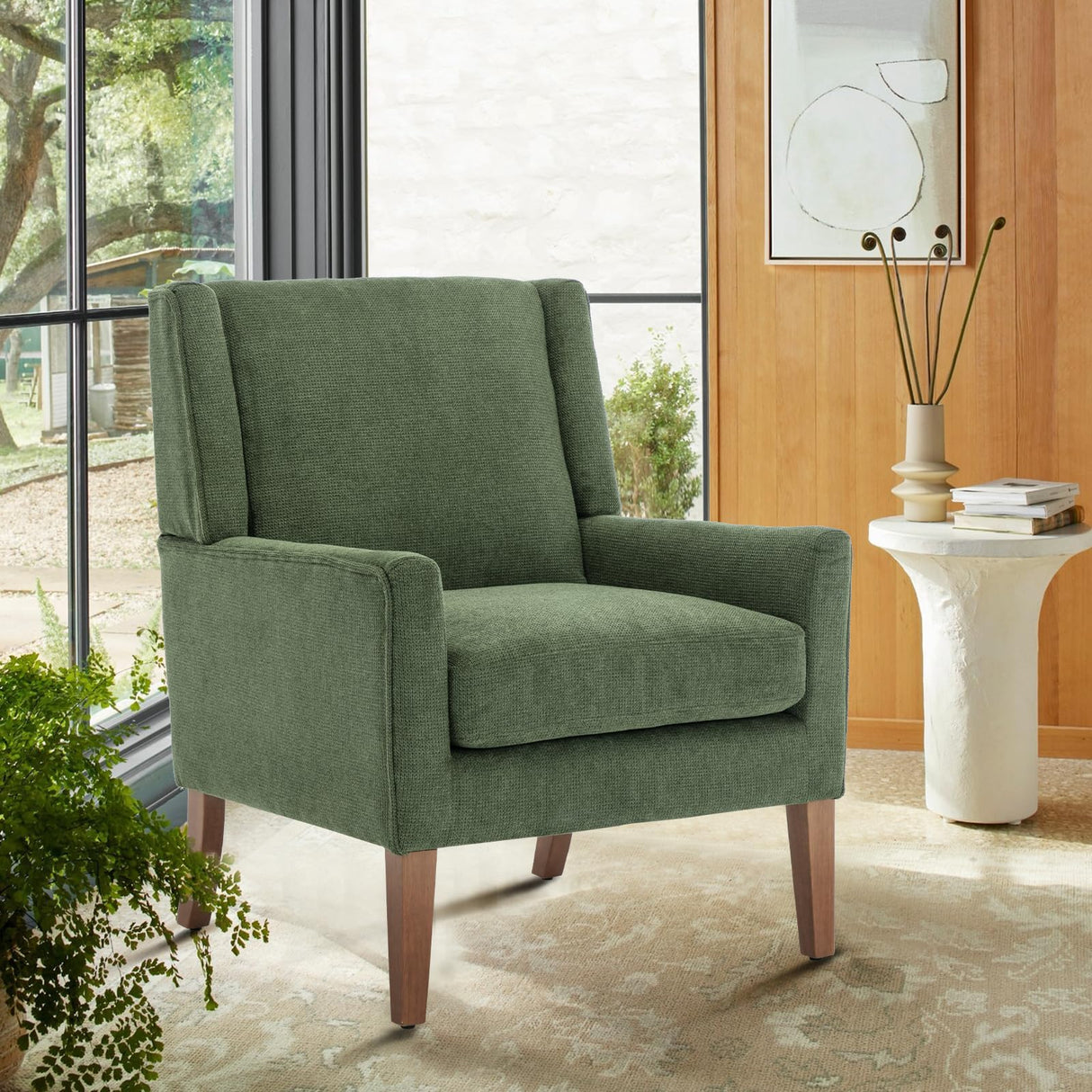 COLAMY Modern Wingback Living Room Chair, Upholstered Fabric Accent Armchair, Single Sofa Chair with Lounge Seat and Wood Legs for Bedroom/Office/Reading Spaces, Green COLAMY