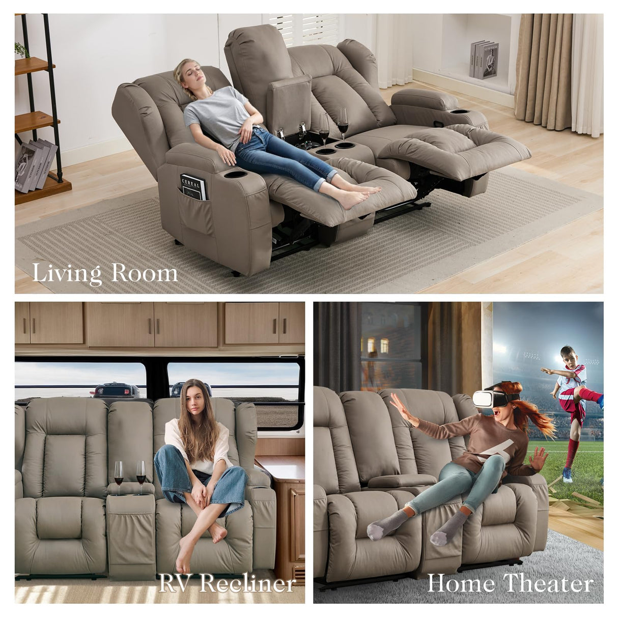 RV Loveseat Recliner with Console,Reclining Loveseat Sofa Wall Hugger Recliners for Small Spaces,Double Manual Recliner Couches with Cup Holders for Living Room Furniture (Fabric, Khaki) Generic