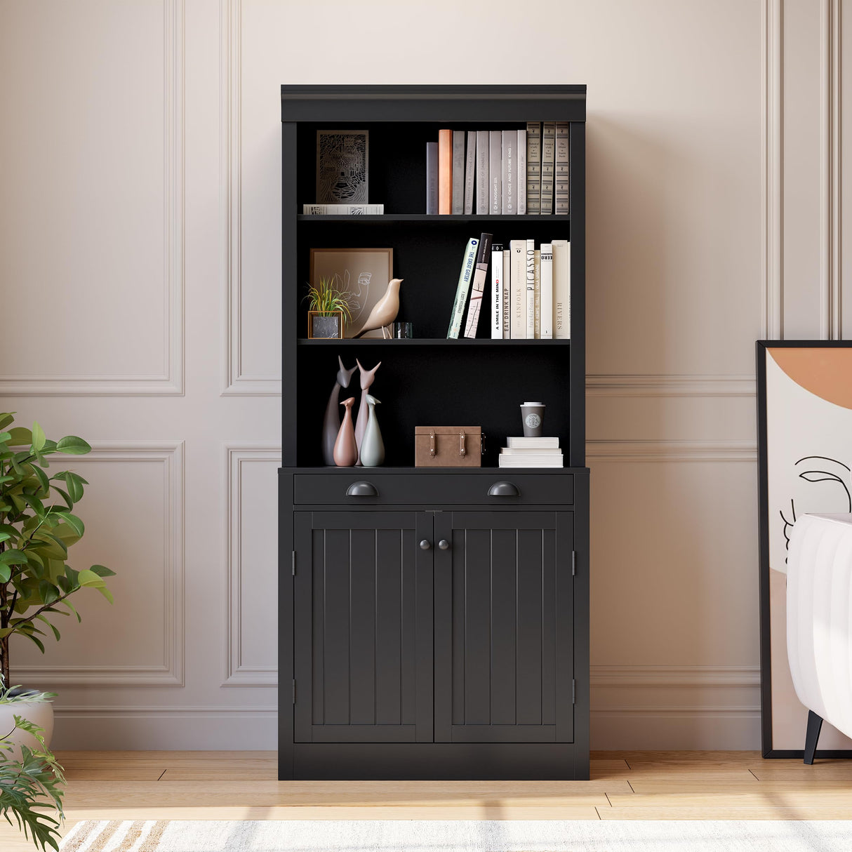 GarveeHome 5-Tier Bookshelf, 70 Inch Tall Bookcase with 2 Doors and 1 Drawer, Modern Pantry Sideboard with Adjustable Shelf, Wooden Storage Cabinet for Living Room, Study, Home Office, Black GarveeHome