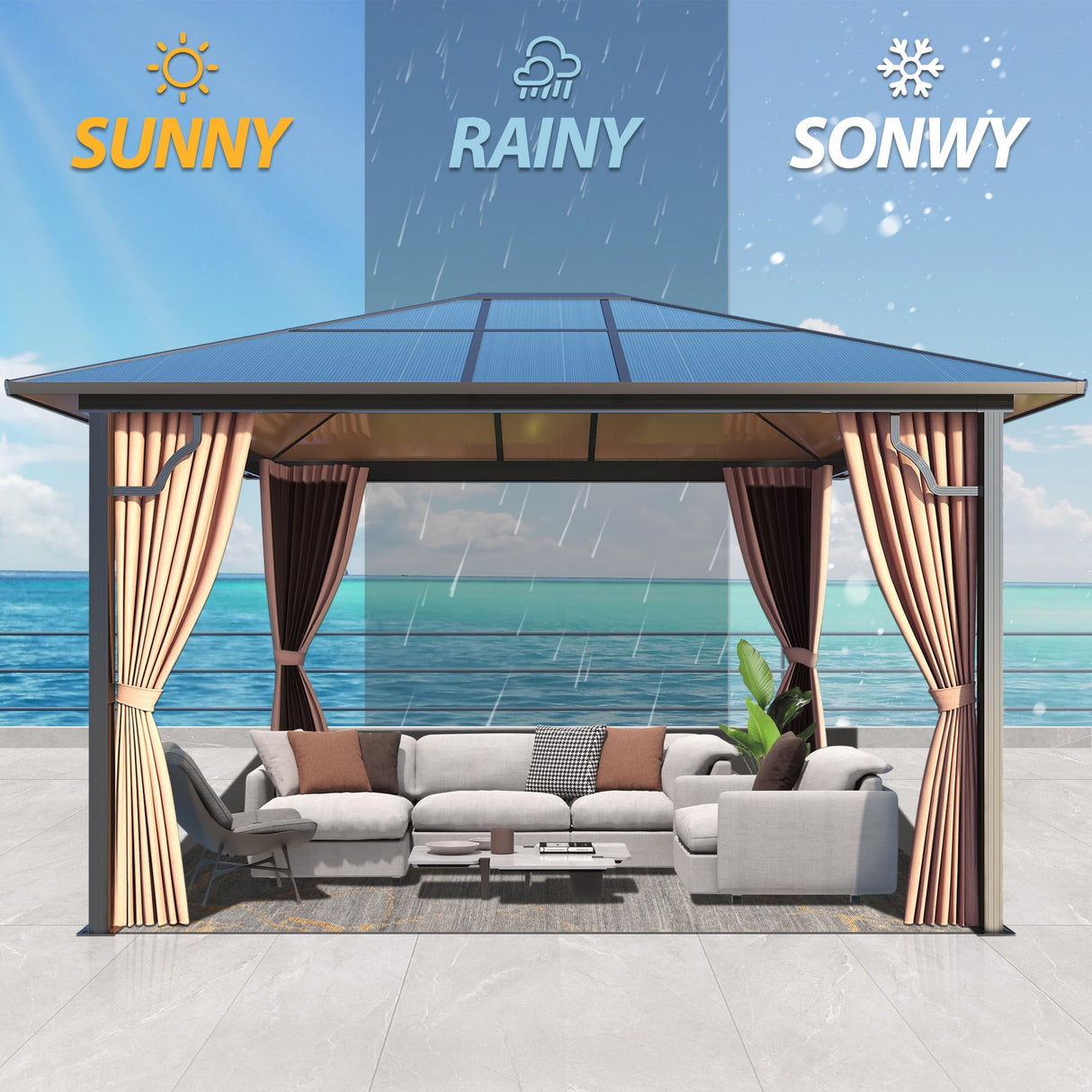 Raysfung 10'x12' Hardtop Gazebo, Outdoor Polycarbonate Roof Gazebo with Aluminum Frame Permanent Pavilion with Netting& Curtains for Garden, Patio,Yard Raysfung