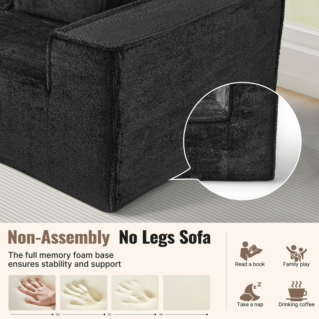 77'' Modern Cloud Loveseat Couch, No Assembly Required Deep Seat Sofa in Chenille Includes 2 pcs Pillows for Living Room, Bedroom, Apartment(Black) Luxanimarion