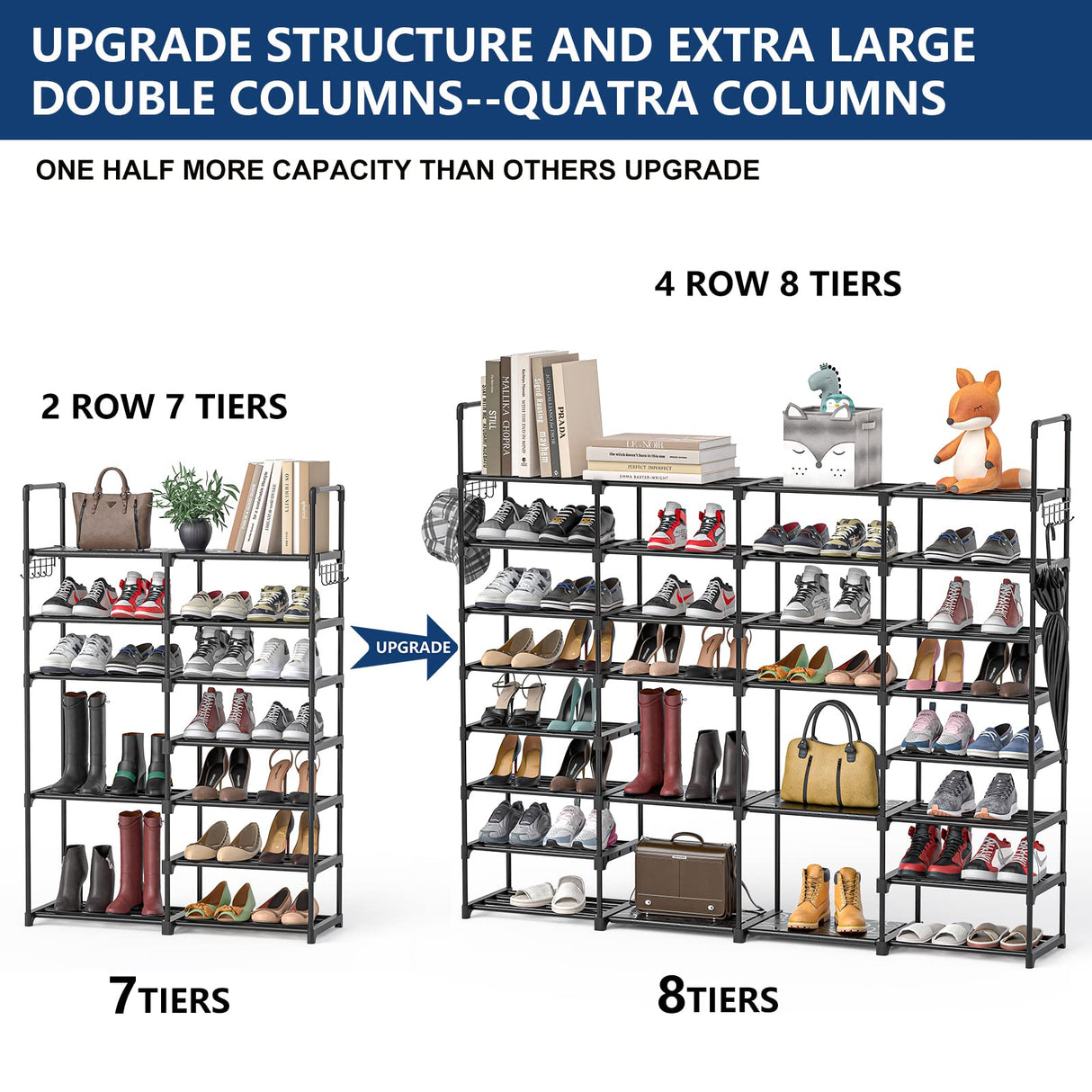 Mavivegue Extra Large Shoe Rack, 8 Tier 4 Rows 72-76 Pairs Big Tall Metal Shoe Shelf,Big Boot Rack Storage Organizer for Garage,Show Rack Shoe Holder Stand,Closet Rack Organizers and Storage Mavivegue