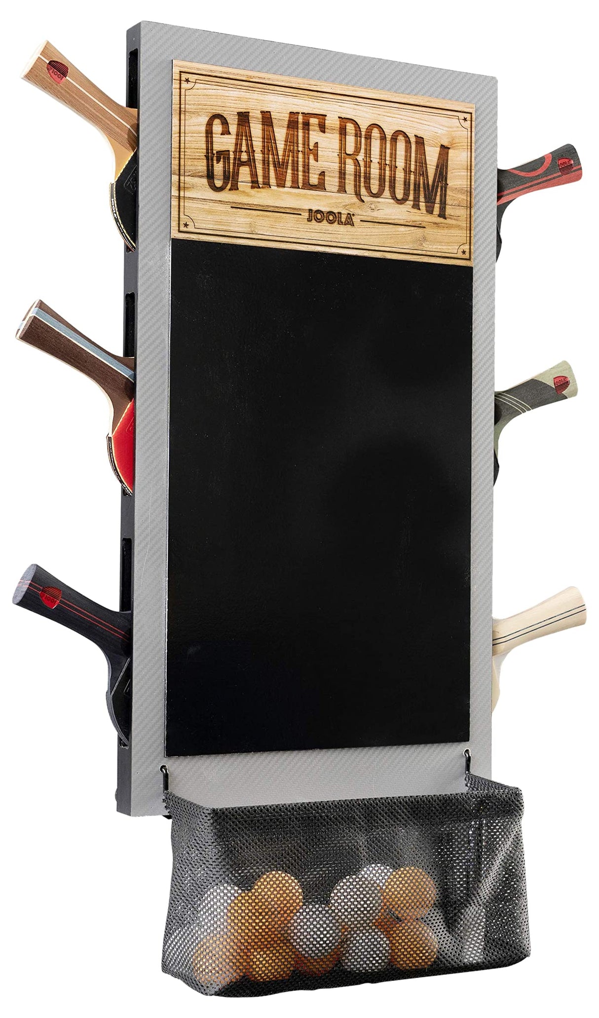 JOOLA Game Room Organizer with Ping Pong Paddle Holder, Table Tennis Ball Basket, Scoreboard, and Chalkboard JOOLA